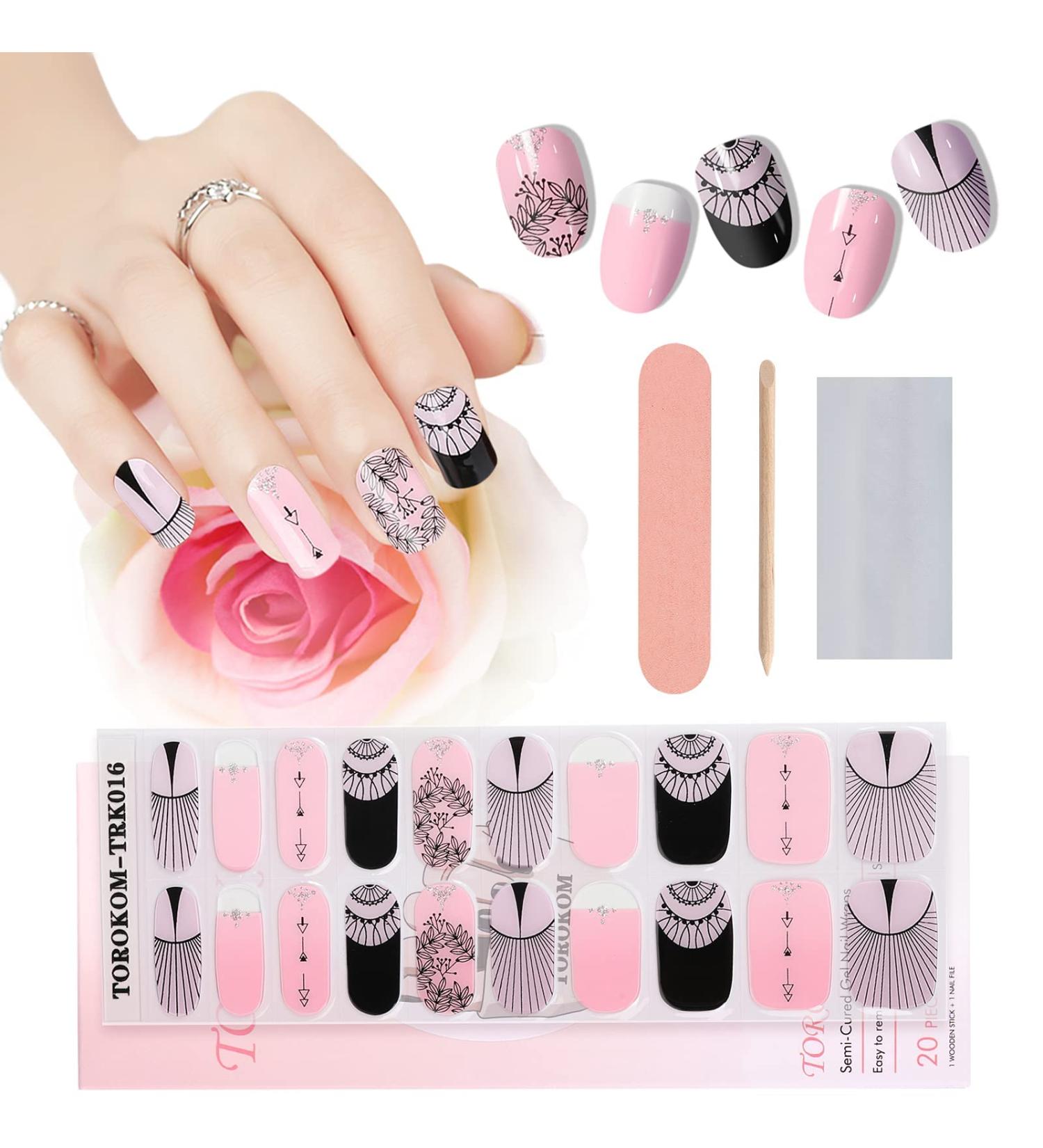 EBANKU Purple Blue Semi Cured Gel Nail Strips | Long Lasting Waterproof Nail Wraps with Cuticle Stick, File, Wipes | UV/LED Lamp Required | Pink and Black - Buy Online on SooperMarket.com