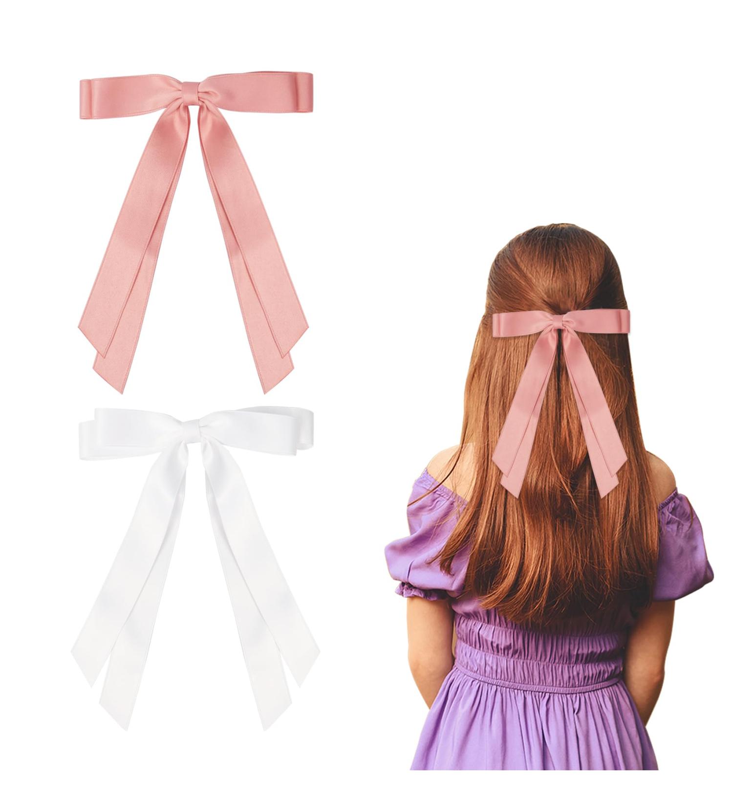 2 Pack Hair Bows for Women White Bow Hair Clips French Barrette with Long Silky Satin Hair Ribbons for Women Girls(White Pink) - Buy Online on SooperMarket.com