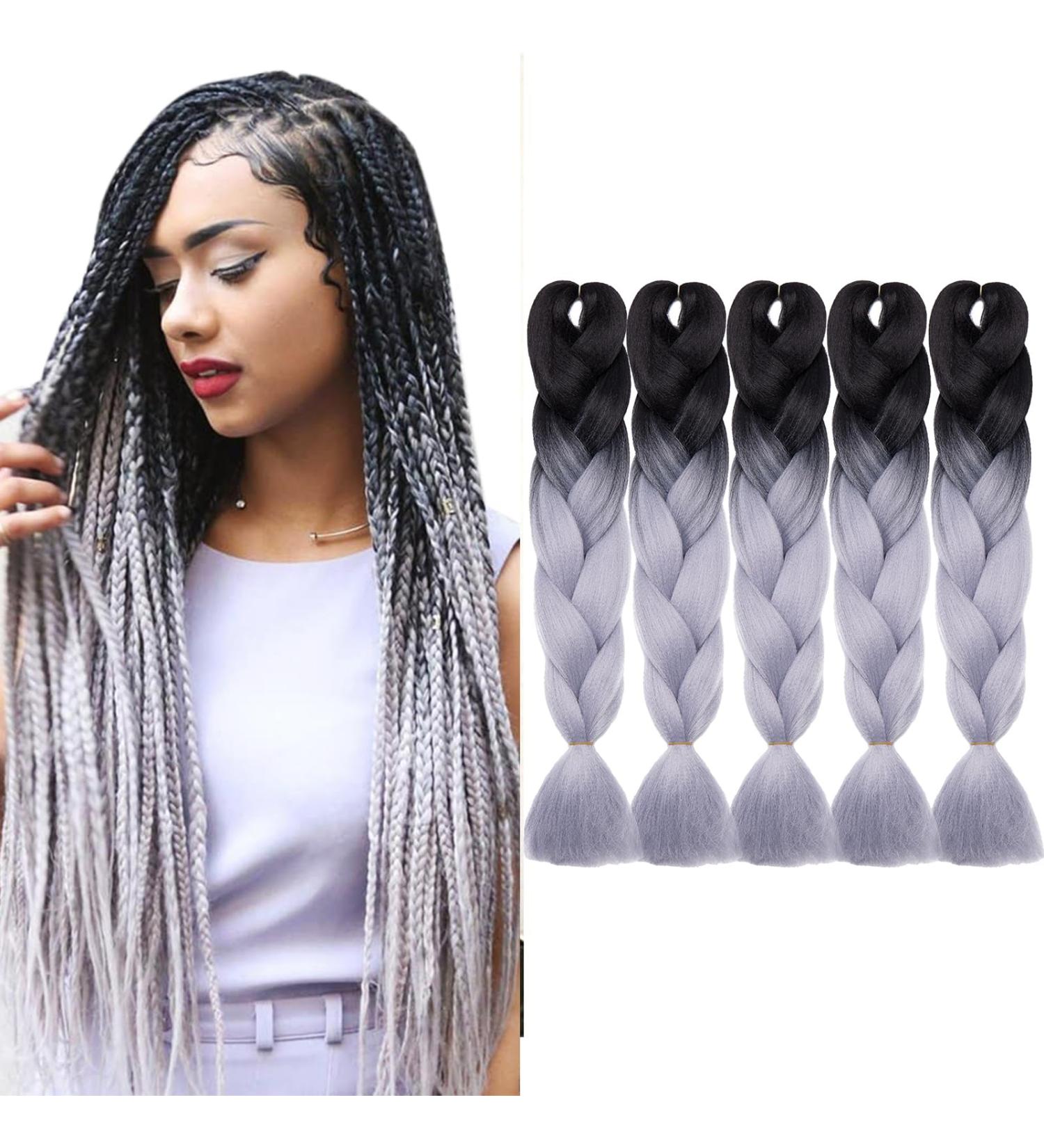 Tess Braids Extensions 60 cm - 5 Pack Jumbo Kanecalon Ombre Hair Extensions for Box Braids (#28 Gray/Raven Black) - Buy Online on SooperMarket.com