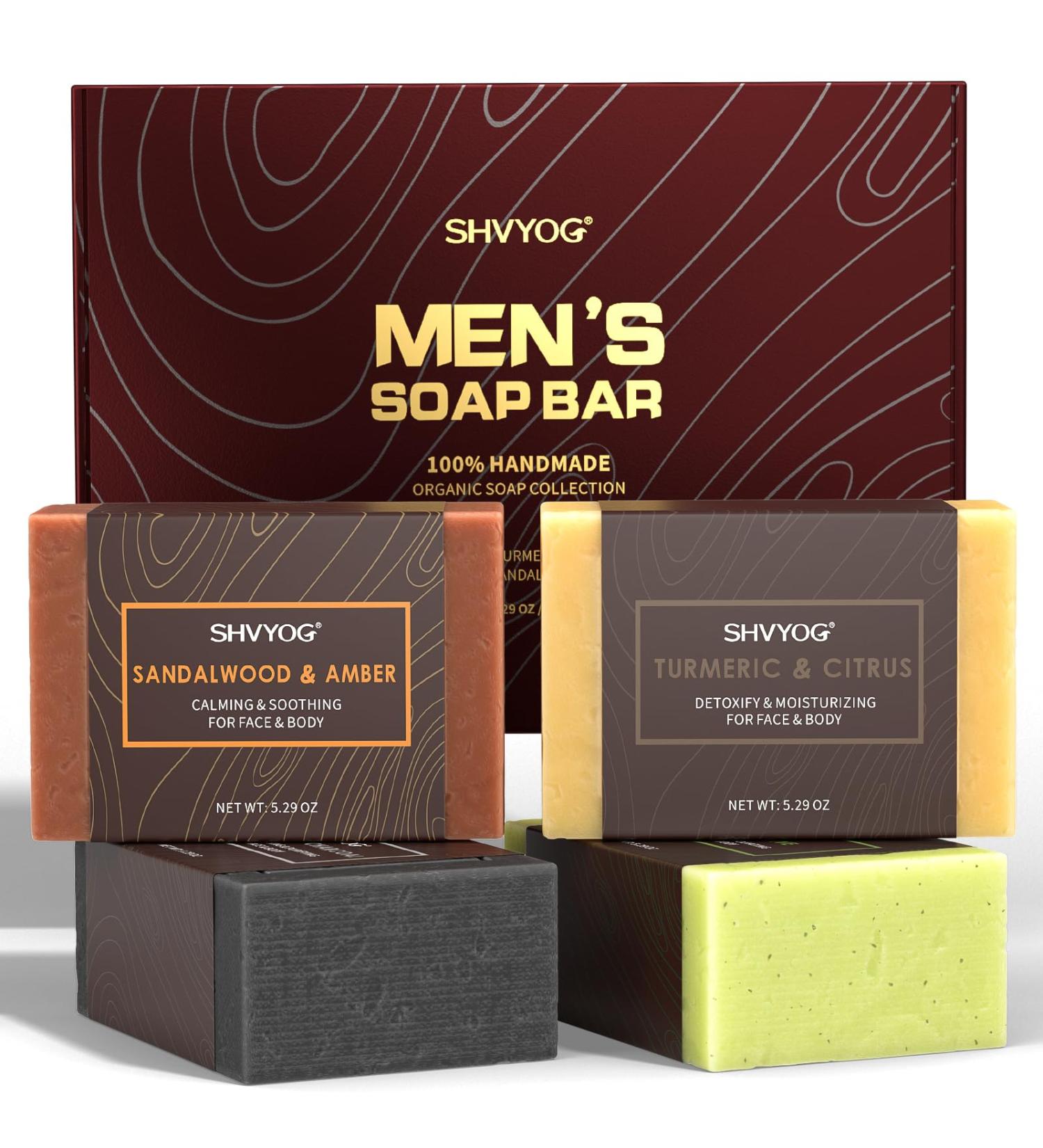4-Piece Natural Men's Soap Set | Handmade Deep Cleaning & Moisturizing - Sandalwood Amber Mint Charcoal Turmeric - Buy Online on SooperMarket.com