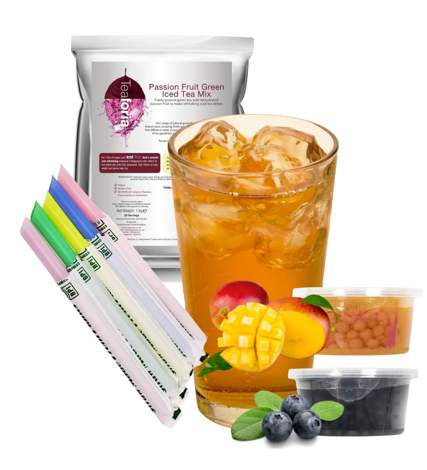 Ultimate Bubble Iced Tea Kit Passion Fruit - Featuring Mango and Bluberry Juice Pobbles and Colourful Compostable Straws - Buy Online on SooperMarket.com