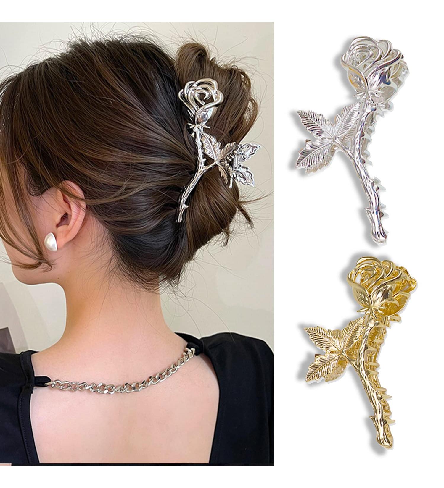 2Pcs Metallic Rose Hair Claw Clips - Medium Size Elegant Floral Barrettes for Women with Thick or Thin Hair - Strong Hold and Stylish Hair Accessory - Buy Online on SooperMarket.com