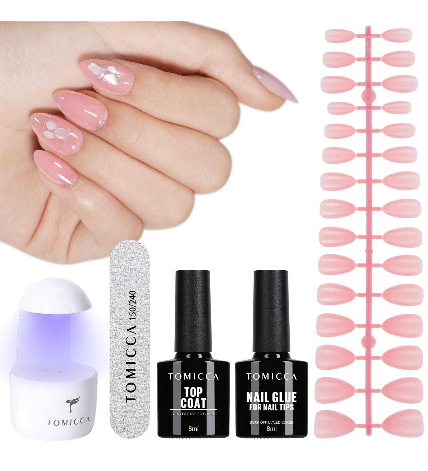 TOMICCA Soft Gel Nail Tips and Glue Kit | Easy DIY Nail Art Set with Almond Nail Tips, Gel Glue, Top Coat, and UV LED Lamp - Pink - Buy Online on SooperMarket.com