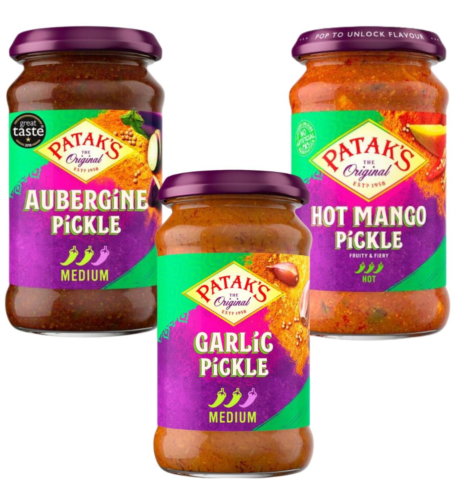 Aubergine Pickle Jar 312g x1 with Garlic Pickle Jar 300g x1 & Hot Mango Pickle Jar 283g x1 - Bundle Consisting of Patak's x3 Pack - Buy Online on SooperMarket.com