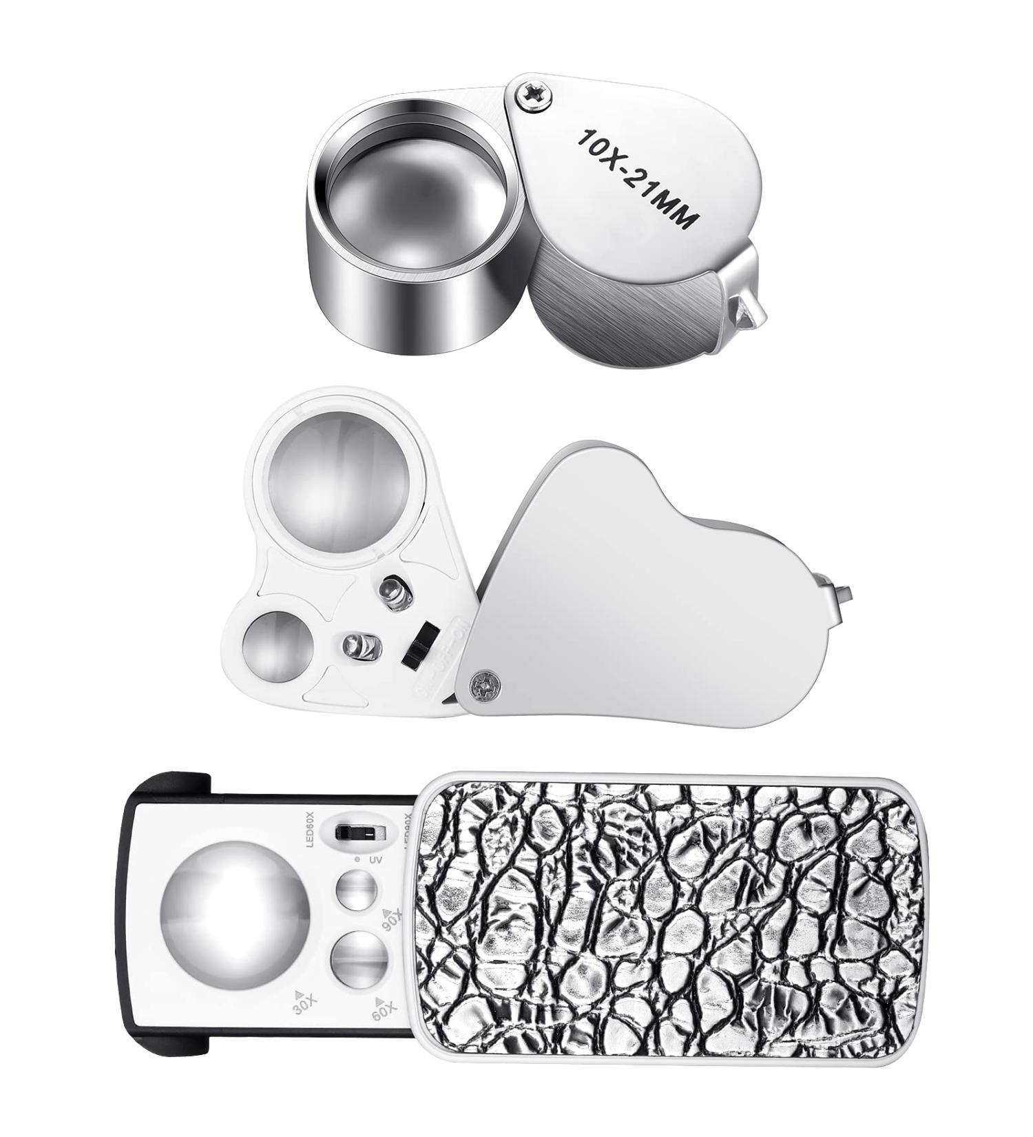 3 Pieces Jewelers' Loupe  30X 60X 90X Illuminated Jewelers Eye Loupe Magnifier  Portable Loupe Magnifier with UV Black Light  with 10x Loupe Magnifier for Jewelry Coins Gems Stamps Watches Rocks - Buy Online on SooperMarket.com