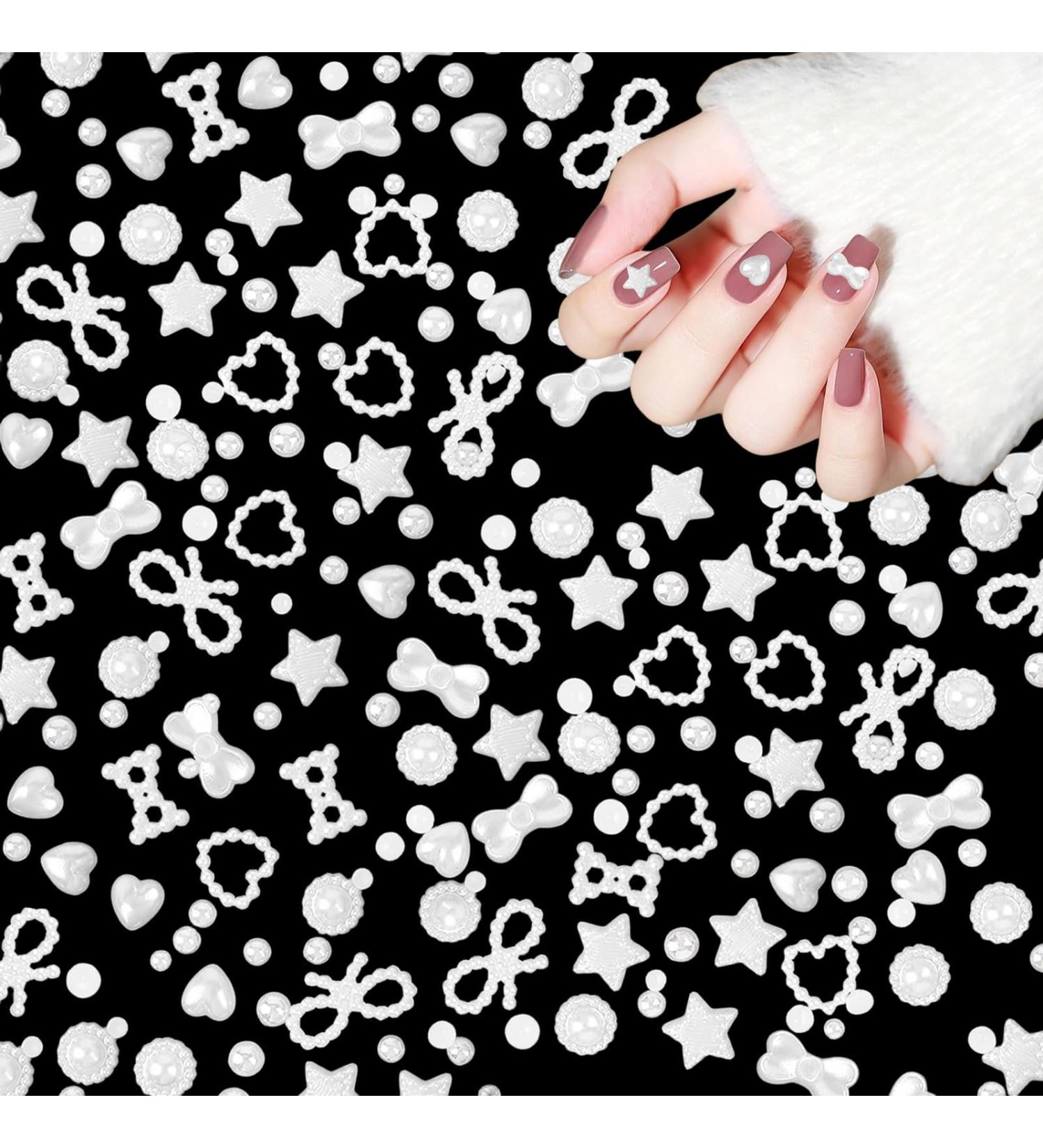 3D Pearl Nail Charms 500 Pcs - Love Heart Star Bow Nail Art Decorations for DIY Nail Design & Jewellery Making - Mixed-White - Buy Online on SooperMarket.com