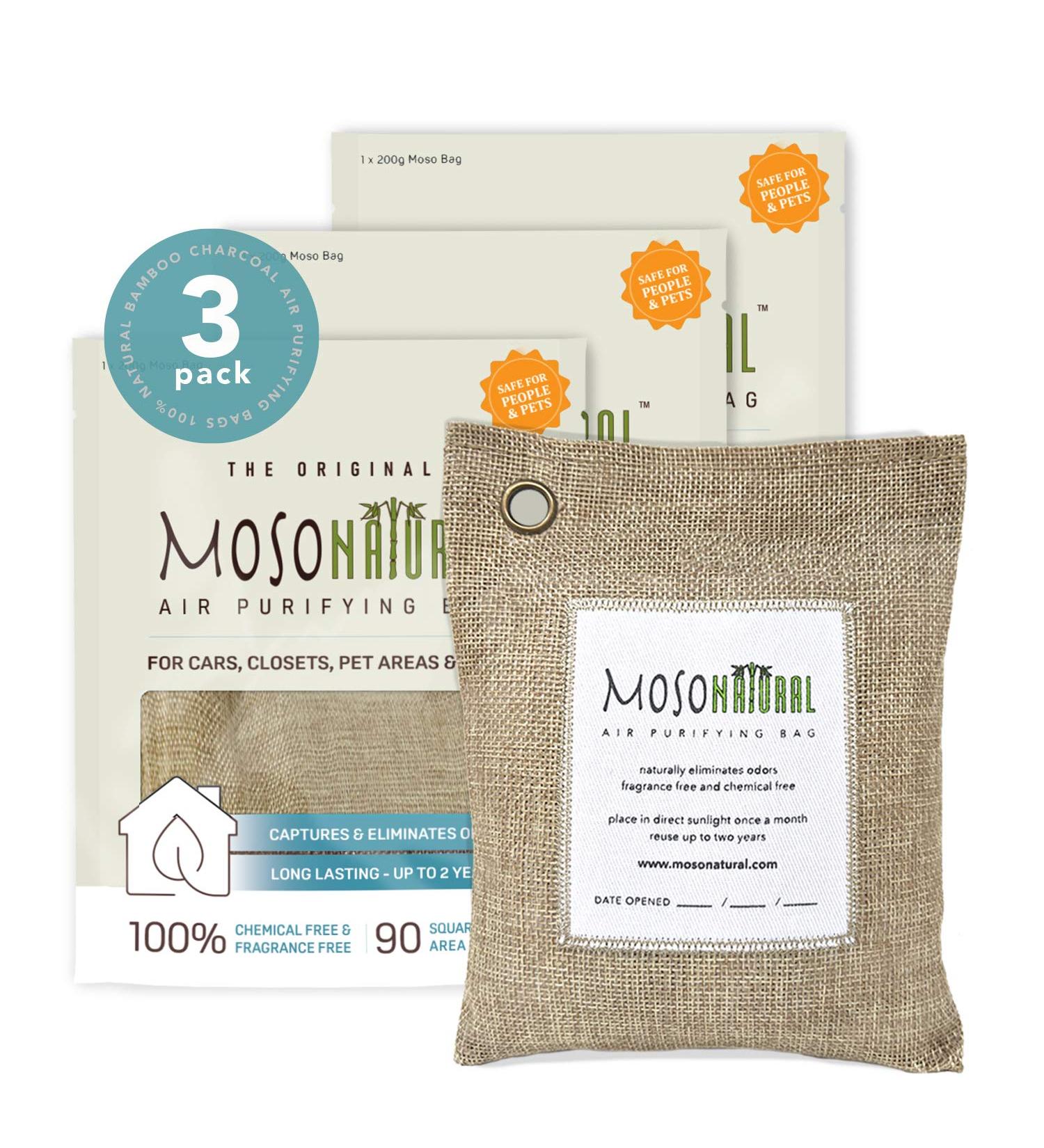 MOSO NATURAL Air Purifying Bag 200g (3 Pack) - Odor Eliminator for Cars, Closets, Bathrooms, & Pet Areas - Bamboo Charcoal Absorber - Buy Online on SooperMarket.com