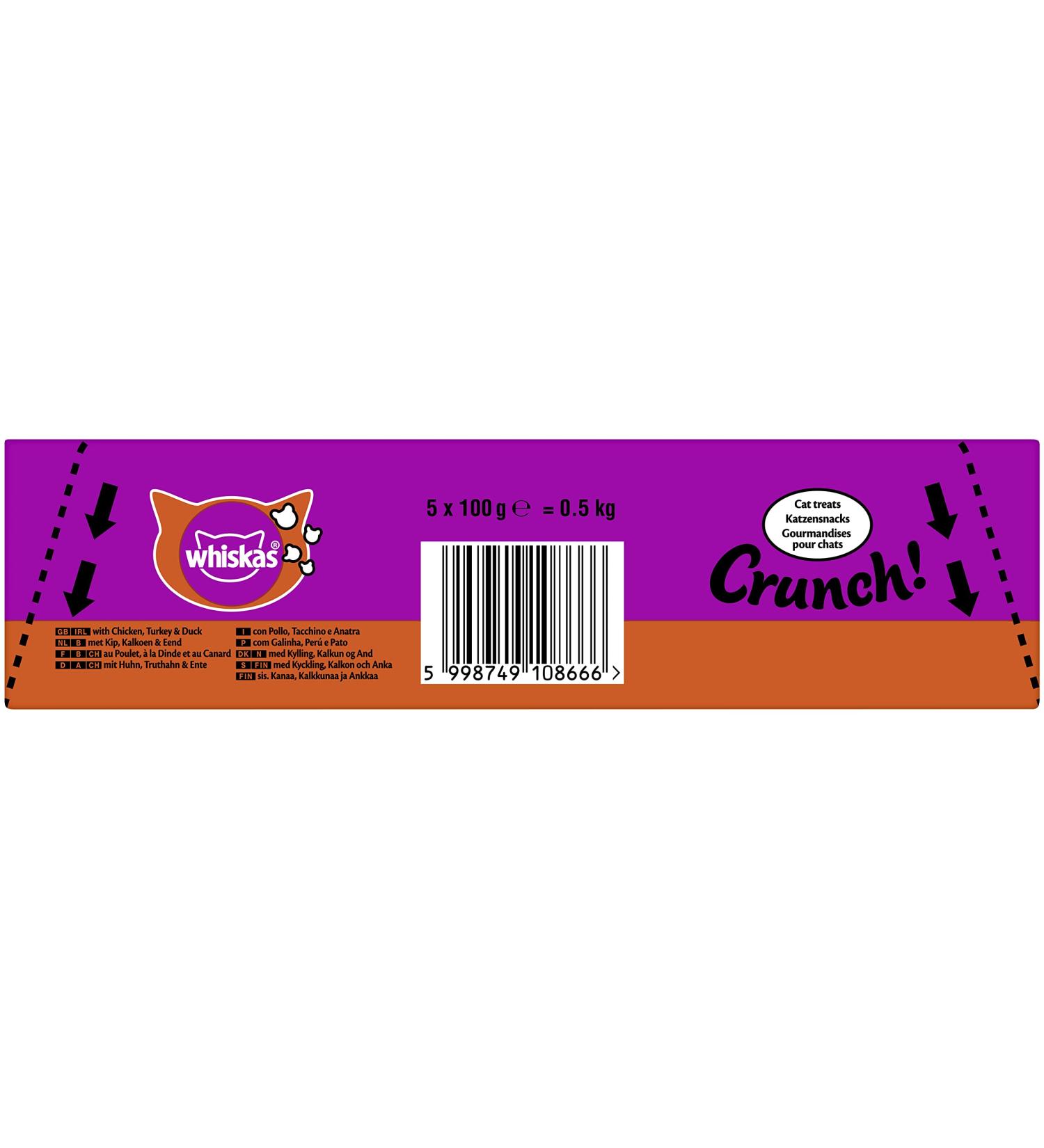 Whiskas crunch for cats- delicious cat snack with chicken turkey and duck taste- suitable for every age group- 5-seat Pack of 100g crunch chicken turkey and duck 100 g (5 pack)