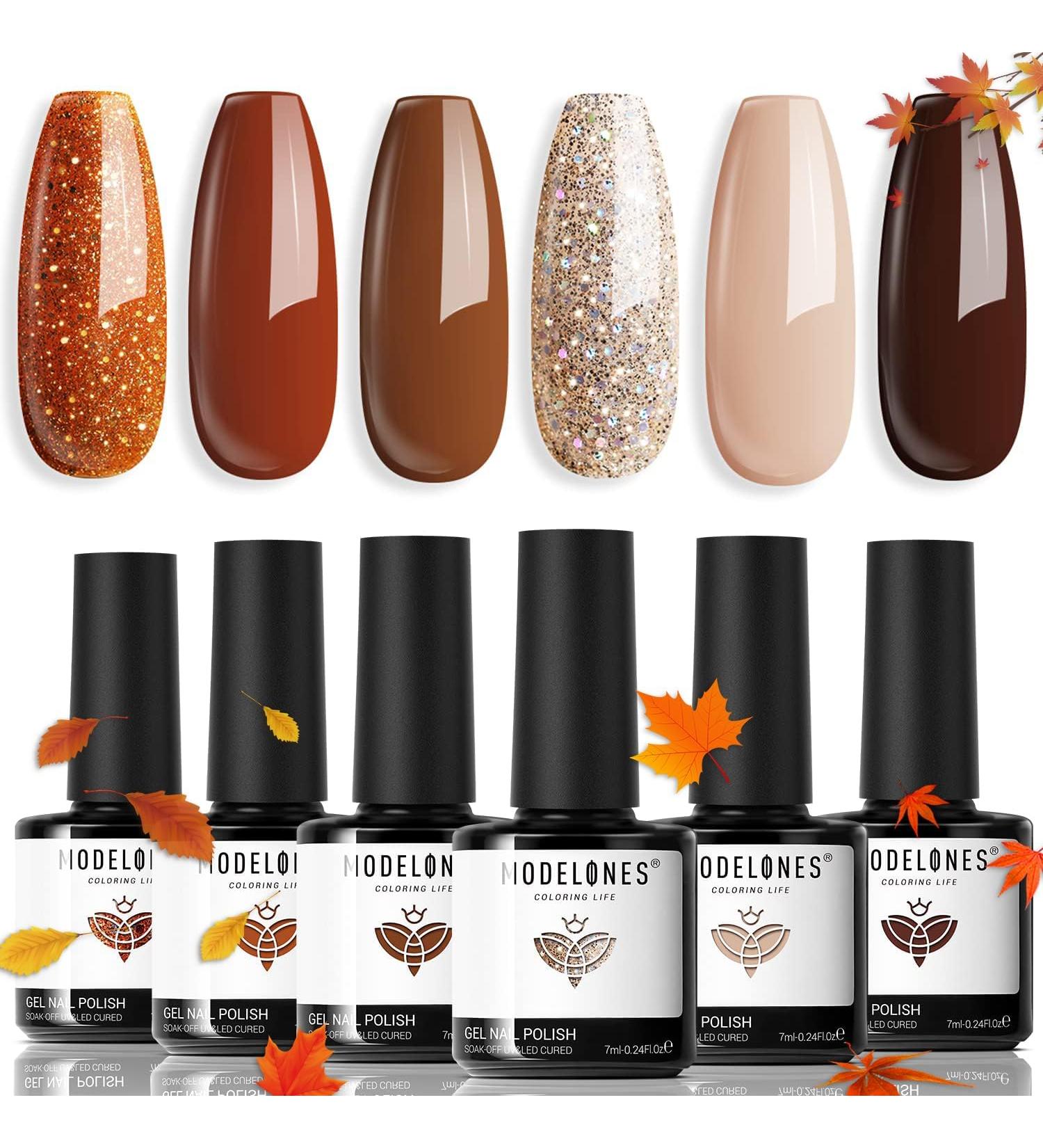 Modelones Gel Nail Polish Set - 6 PCS Neutral Nude & Brown Fall Colors 2024 | Gold Glitter Soak OFF Nail Gel Kit | Perfect Halloween Gift & DIY Manicure - Buy Online on SooperMarket.com