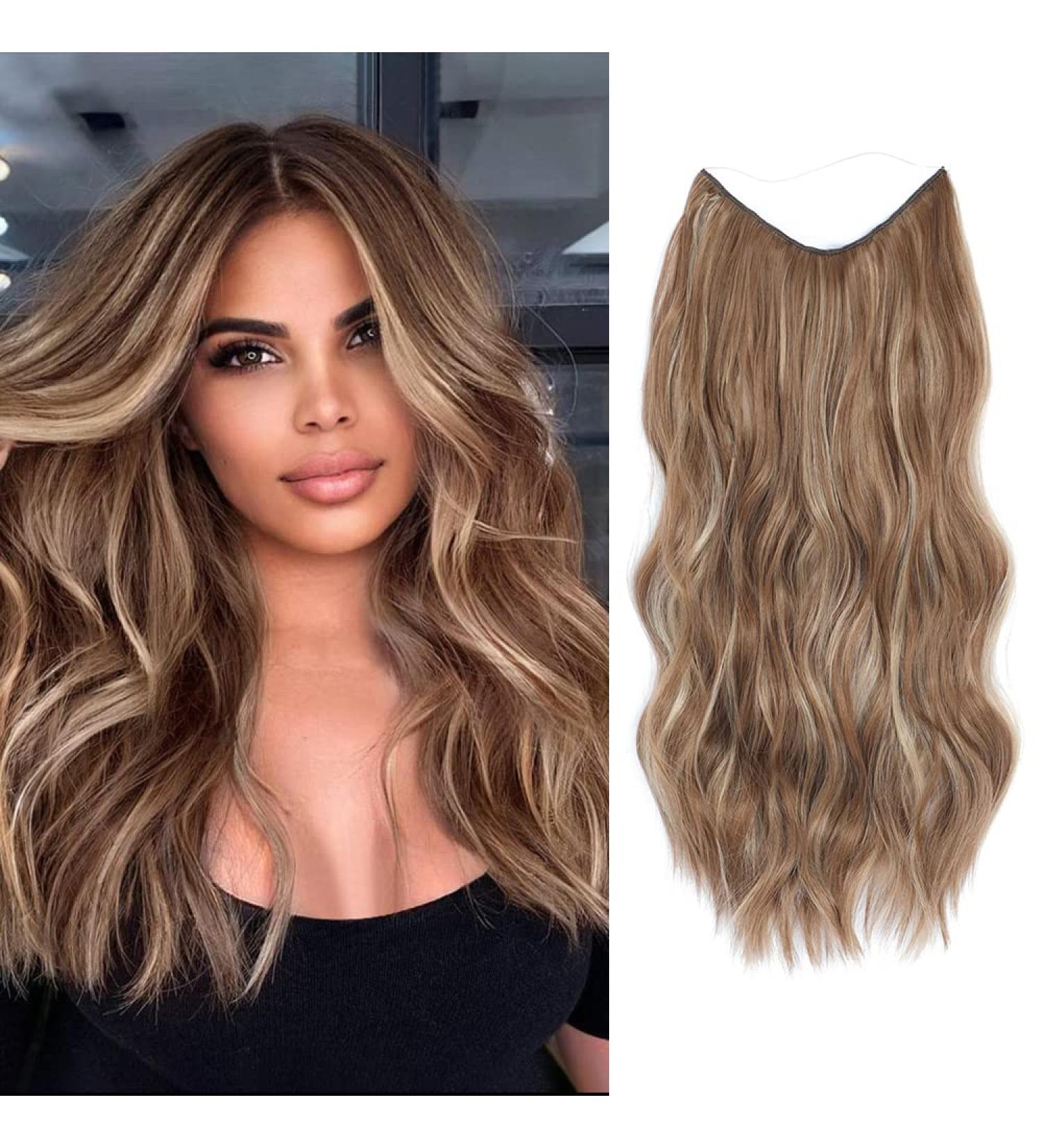Invisible Wire Hair Extension Clip in Natural Wavy Synthetic 16 inch Brown mix Blonde - Adjustable Size, Secure Clips, Long Curly Secret Hair Piece for Women | [Brand Name] - Buy Online on SooperMarket.com