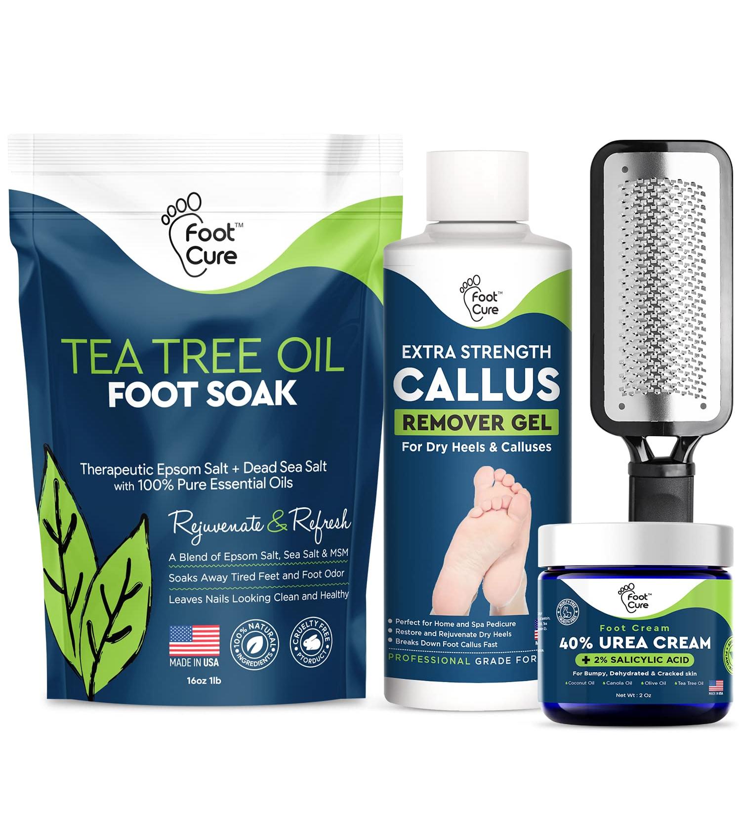 Foot Cure Exfoliator & Callus Remover Pedicure Set - Includes Foot File, Tea Tree Oil Soak, Urea Cream, USA Made - Buy Online on SooperMarket.com