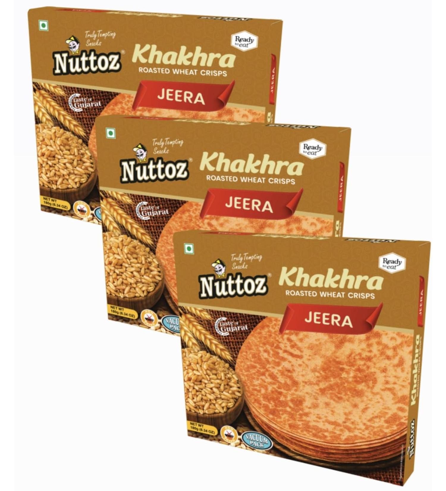 Nuttoz JEERA Khakhra Roasted Wheat Crisps with Cumin Seeds 180g (PACK OF 3) 60.00 g (Pack of 3) - Buy Online on SooperMarket.com