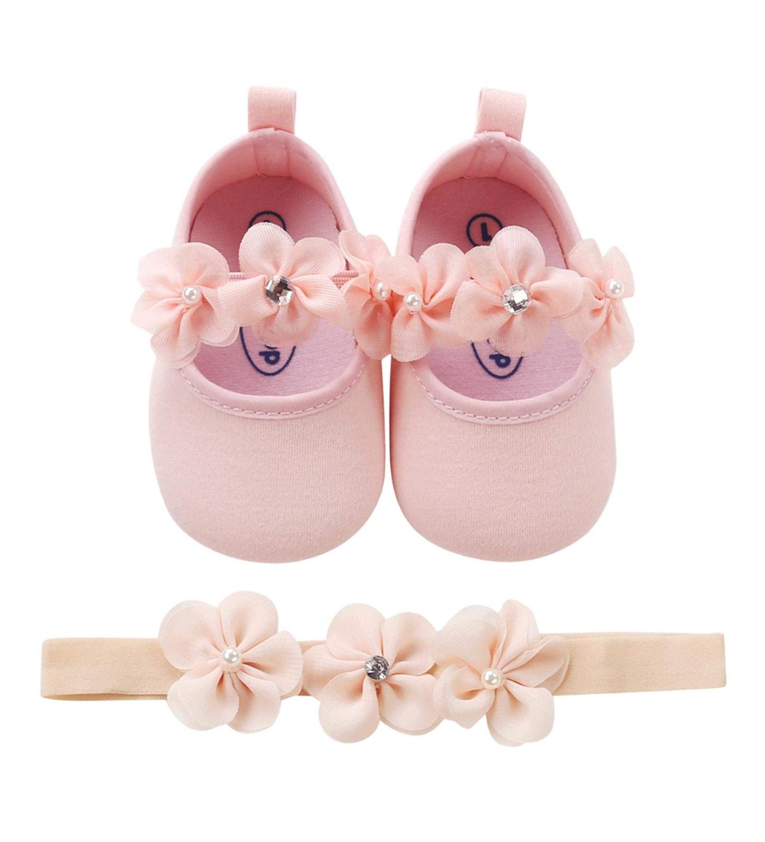 2 x Toddler Flower Girl Shoes + Headband | Non-Slip Soft Special Occasions Christening Wedding Party Shoes | Size 0-6 Months | Pink - Buy Online on SooperMarket.com