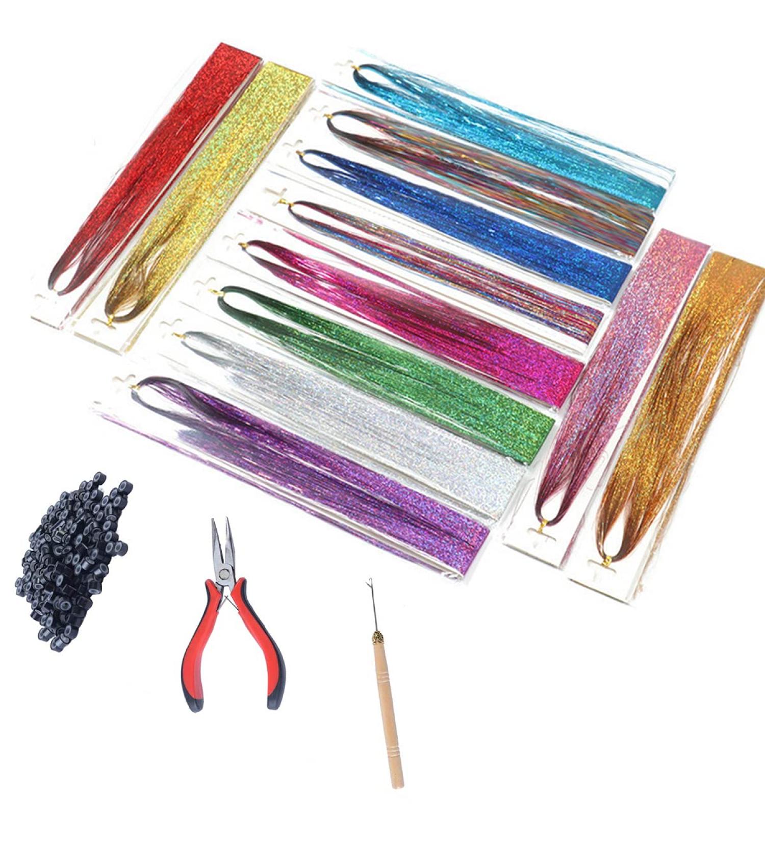 Glitter Hair Tinsel Extensions Kit - 12 Colors, 3200 Strands, 46inches - Fairy Hair Accessories - Buy Online on SooperMarket.com