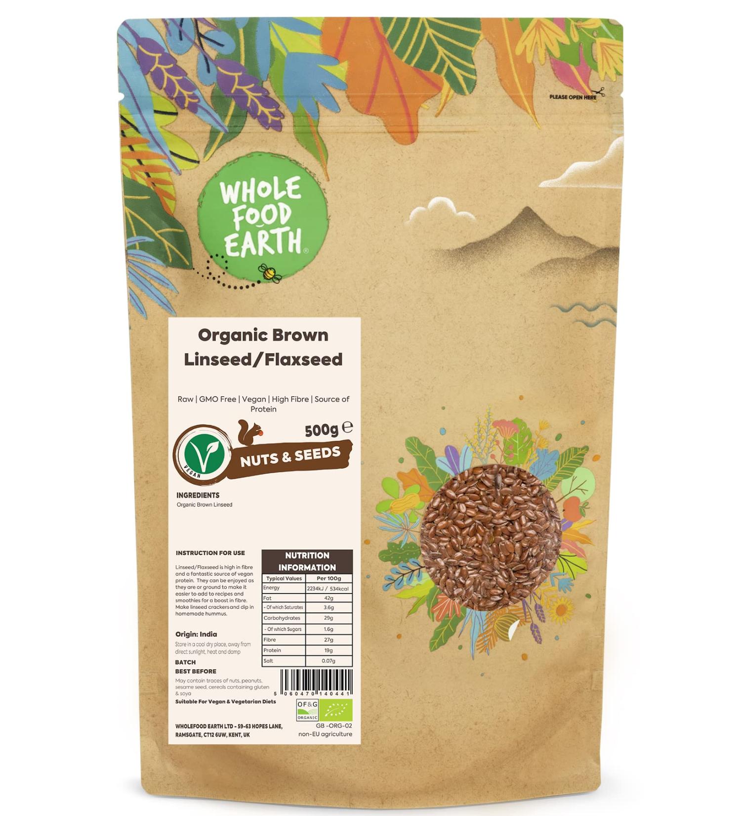 Wholefood Earth Organic Brown Linseed/Flaxseed 500g | Raw | GMO Free | Vegan | High Fibre | Source of Protein | Certified Organic Earthy 500g - Buy Online on SooperMarket.com