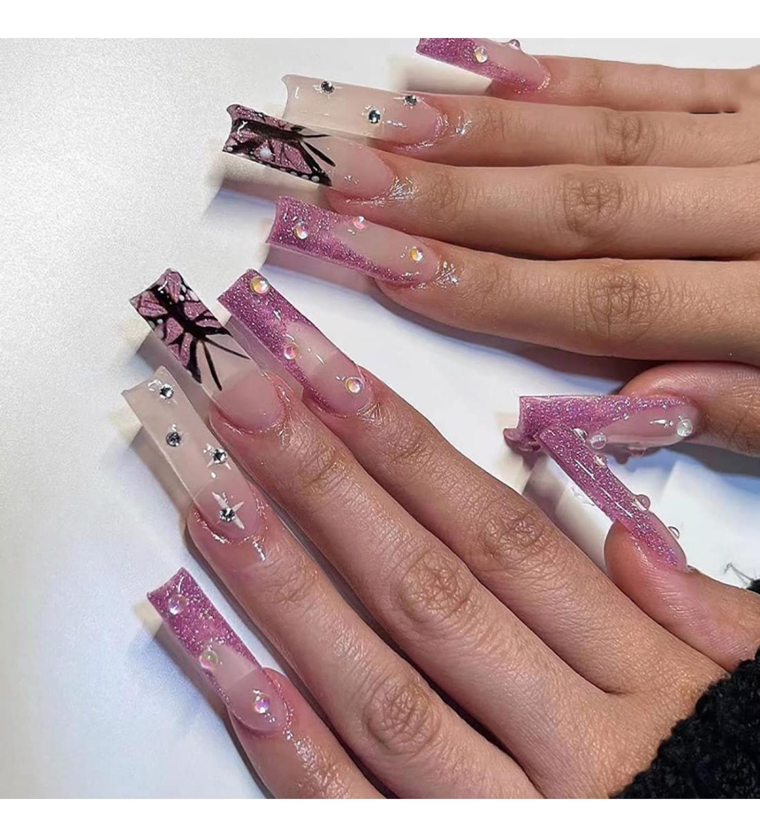 24pcs Long Coffin Shaped Ballet Fake Nails with Rhinestone Butterfly Pattern Design French Fake Nails for Women and Girls Nail Tips 19 - Buy Online on SooperMarket.com