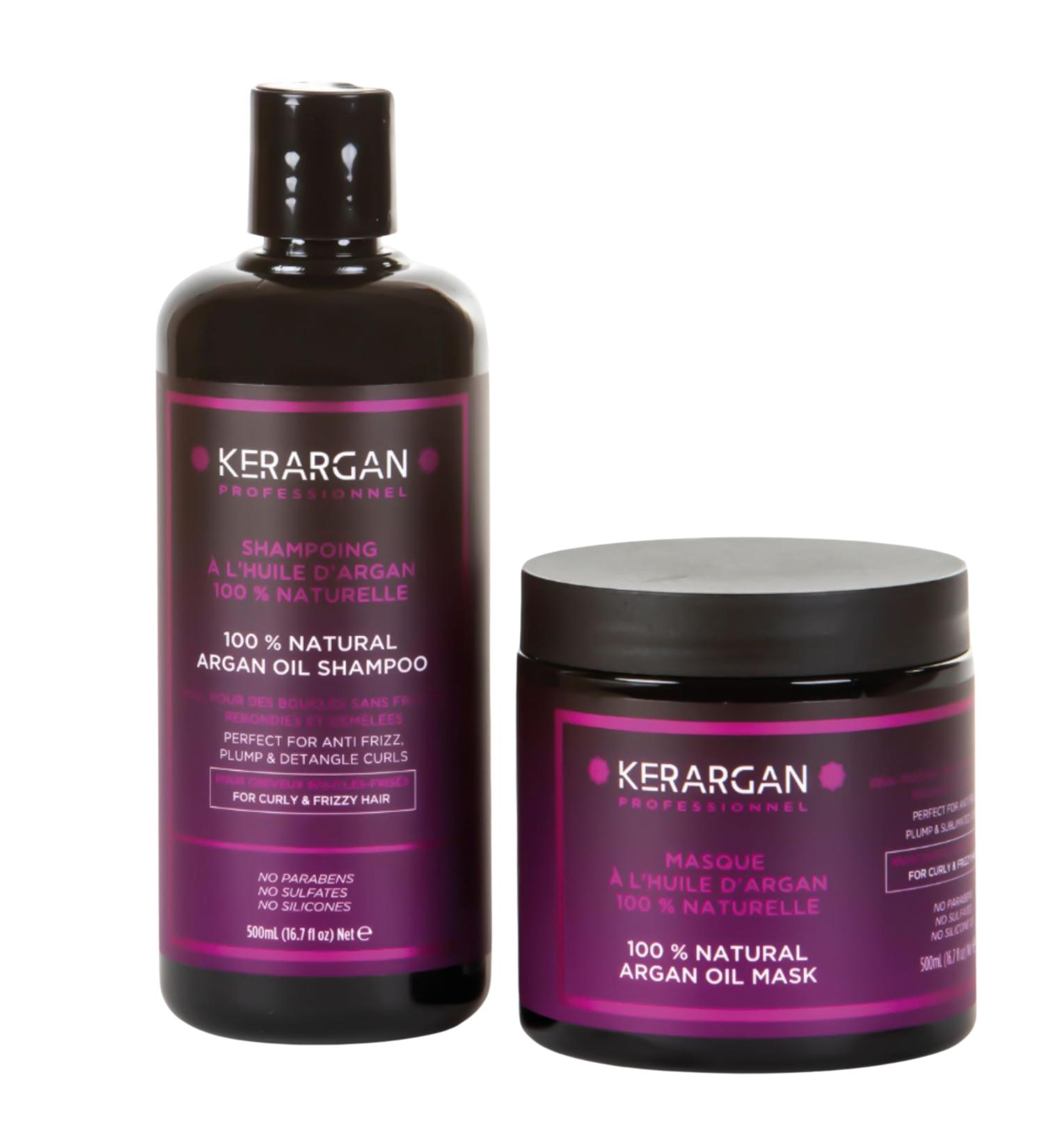 Kerargan - Argan Oil Shampoo and Mask to nourish moisturise and protect your curls - Ideal for straightening - For dry and damaged hair - Sulphate paraben and silicone free - 2x500 ml