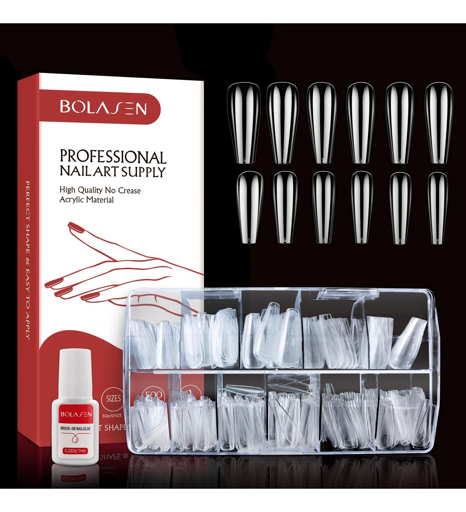Clear Long Coffin False Nail Tips BOLASEN 500Pcs Full Cover Ballerina False Nails and Glue Fake Nails Artificial Fingernails Tip Clear Acrylic Nail Tips for Nail Salon & Home DIY 10 Sizes 500 Count (Pack of 1) - Buy Online on SooperMarket.com