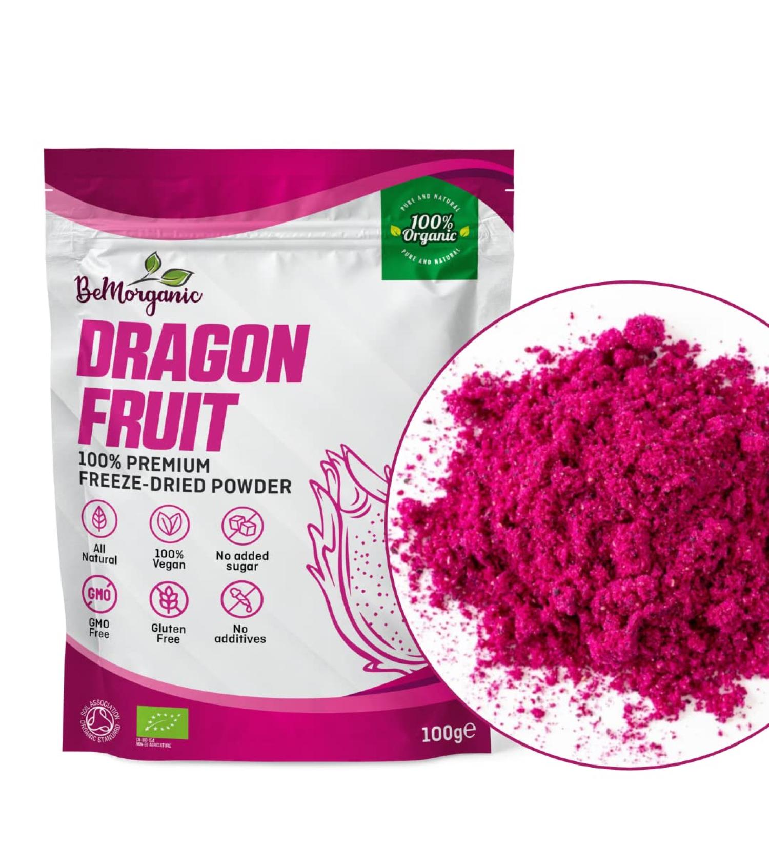 BeMorganic Organic Dragon Fruit Powder - 100g Pure Pink Pitaya Smoothie Powder | No Added Sugar or Gluten - Buy Online on SooperMarket.com