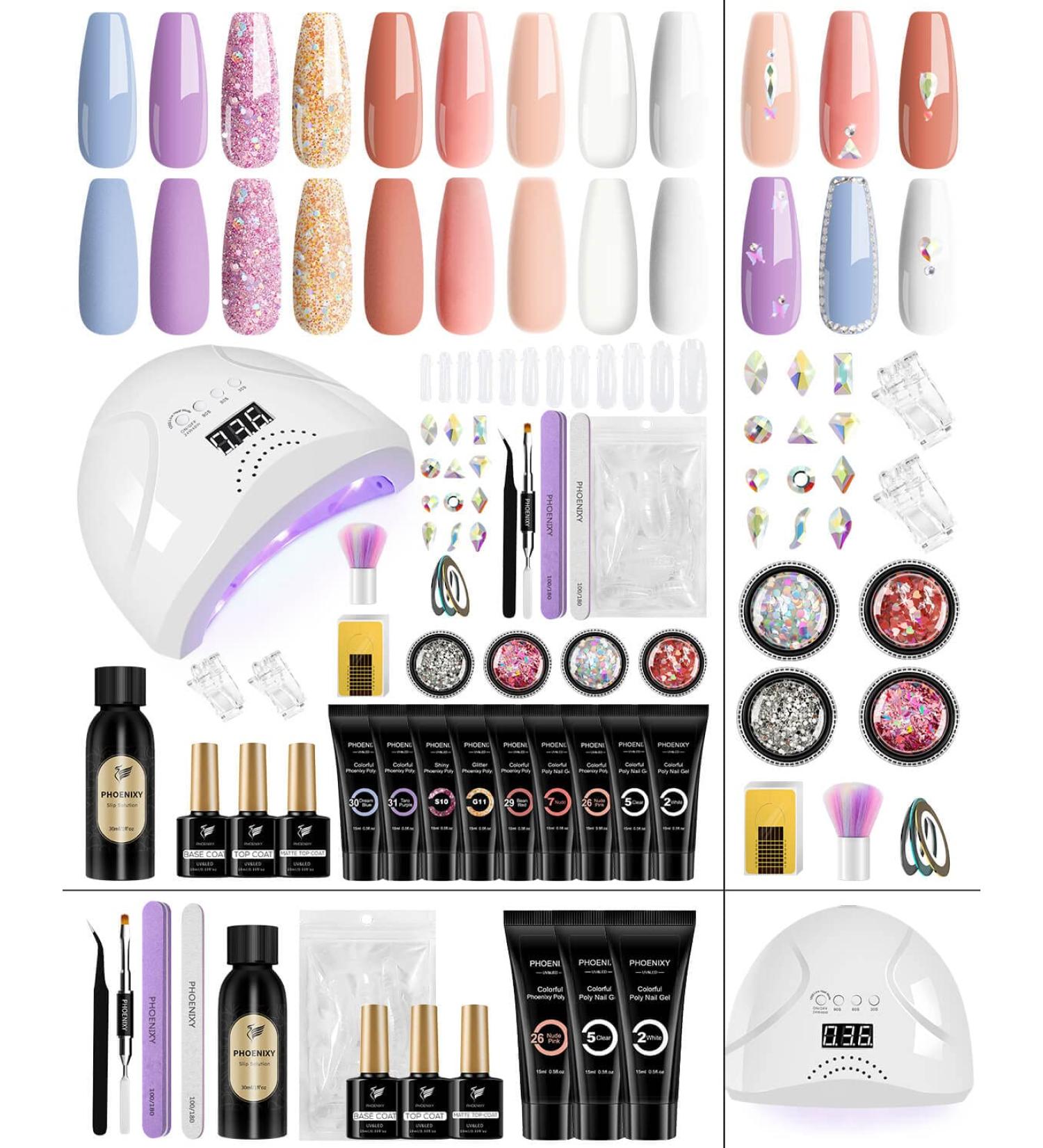 Phoenixy Poly Nail Gel Kit - 9 Colors Poly Nail Extension Gel with 48W LED UV Lamp | Extension Starter Kit Gift for Women - Buy Online on SooperMarket.com