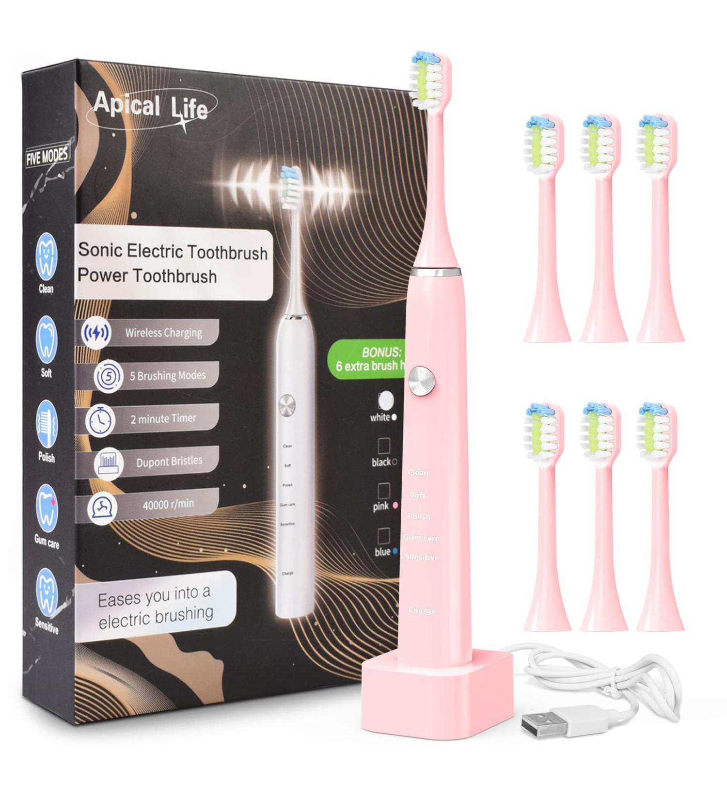 Power Sonic Electric Toothbrush with 6 Brush Heads | 5 Modes, 40,000 VPM Motor | Wireless Quick Charge | Rechargeable Toothbrush for Adults | Travel-Friendly (Pink) - Buy Online on SooperMarket.com