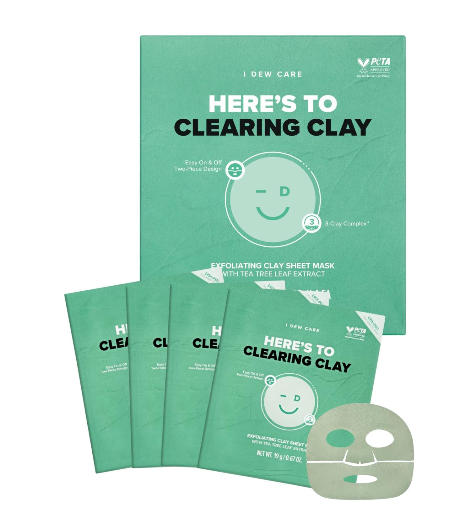 I DEW CARE Clay Sheet Mask - 4 Pack | Daily Exfoliate, Decongest, Minimize Pores, & Soothe | Infused with 3-Clay Complex, Tea Tree & Centella Asiatica - Buy Online on SooperMarket.com