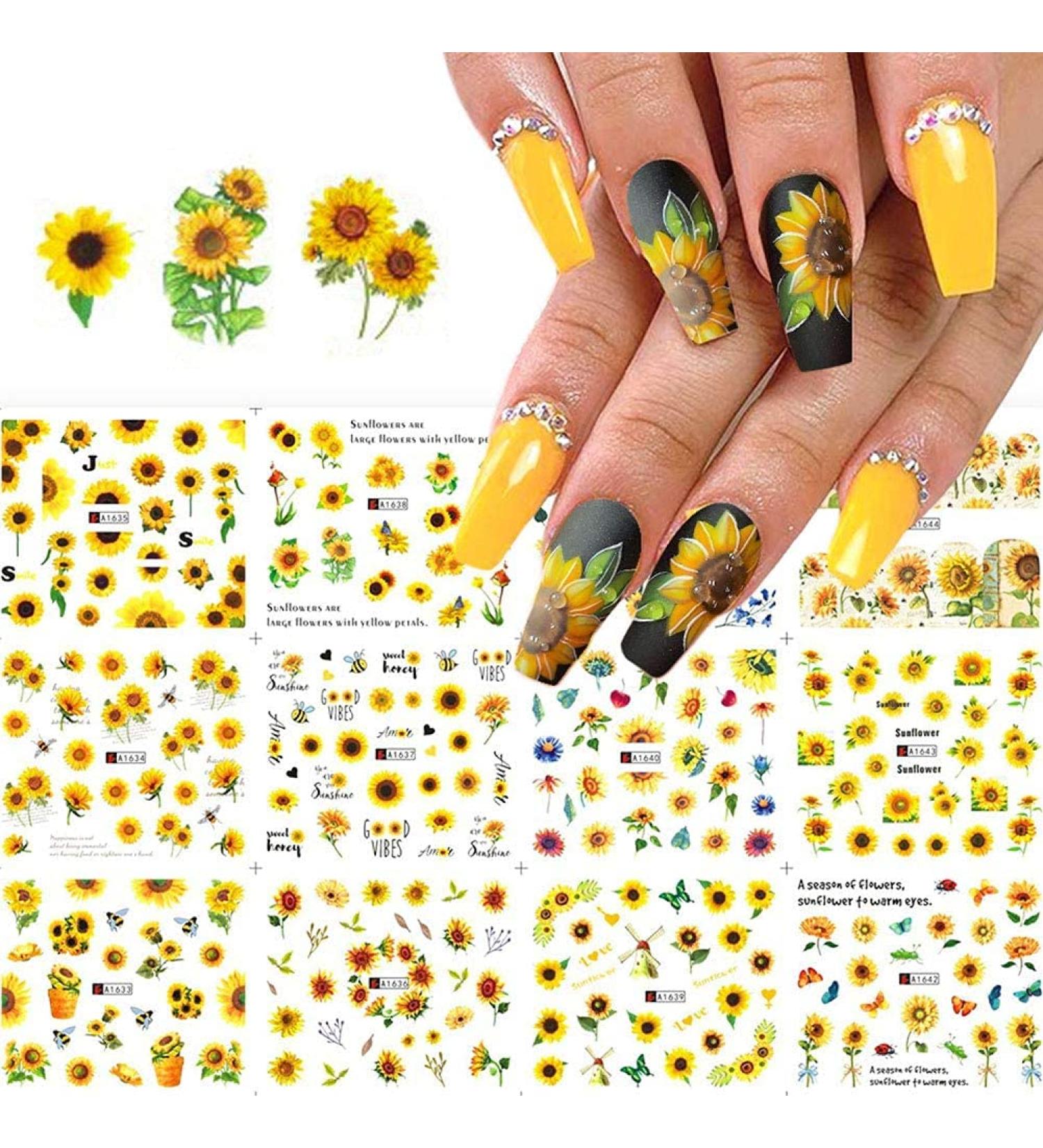 Sunflower Nail Decals - 12 Sheets Water Transfer Flower Nail Stickers for Summer Nails - Nail Art Accessories and Supplies for Acrylic Nail Decor - Buy Online on SooperMarket.com