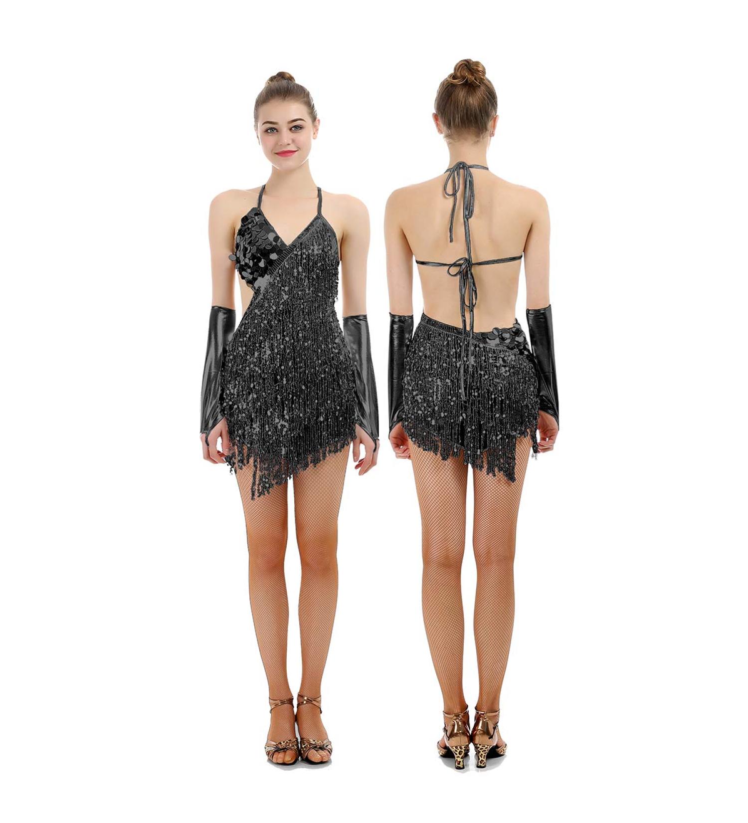 iMucci Black Latin Dance Dress with Paillette Tassel - Women's Samba Costumes Ballroom Dresses - Buy Online on SooperMarket.com