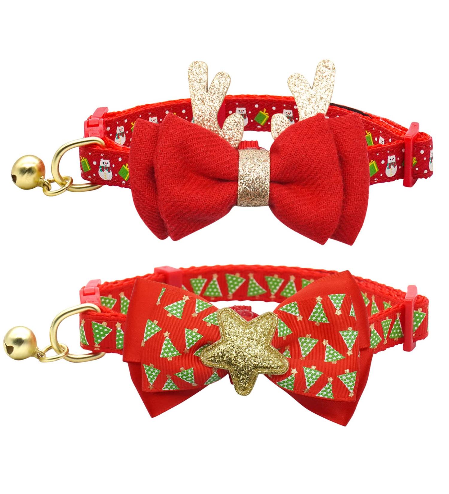 Azuza 2 Pack Cat Collar Breakaway with Bell and Removable Bowtie - Adjustable from 8-12 inches - Christmas Gift Set - Buy Online on SooperMarket.com