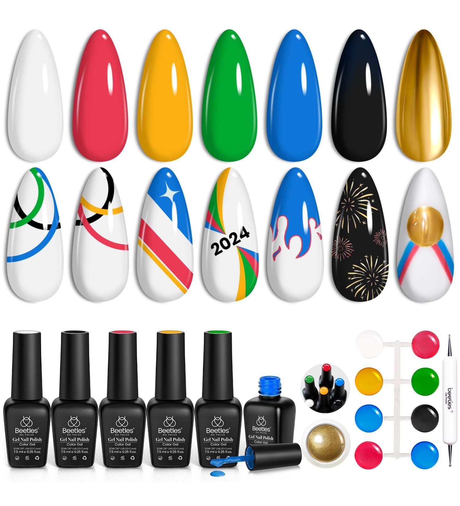Beetles Gel Nail Polish Set 7 Vibrant Colors & Golden Chrome - Soak Off UV Gel with Double-Ended Brush - Perfect for Stunning Nails 2024 - Buy Online on SooperMarket.com