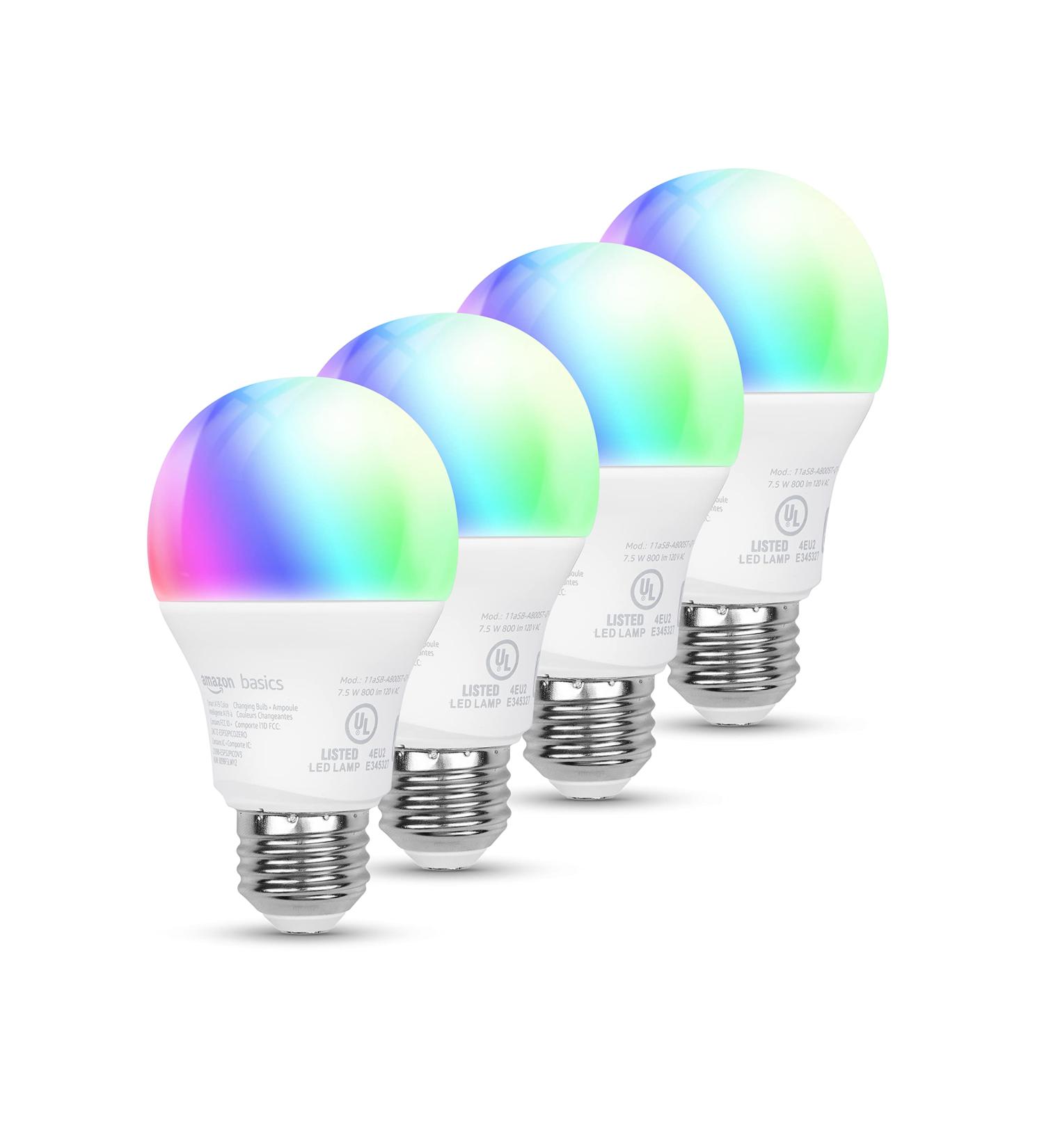 Amazon Basics Smart A19 LED Light Bulb 4-Pack - Color Changing, Wi-Fi, Alexa Compatible - 60W Equivalent, 800LM - Certified for Humans - Buy Online on SooperMarket.com