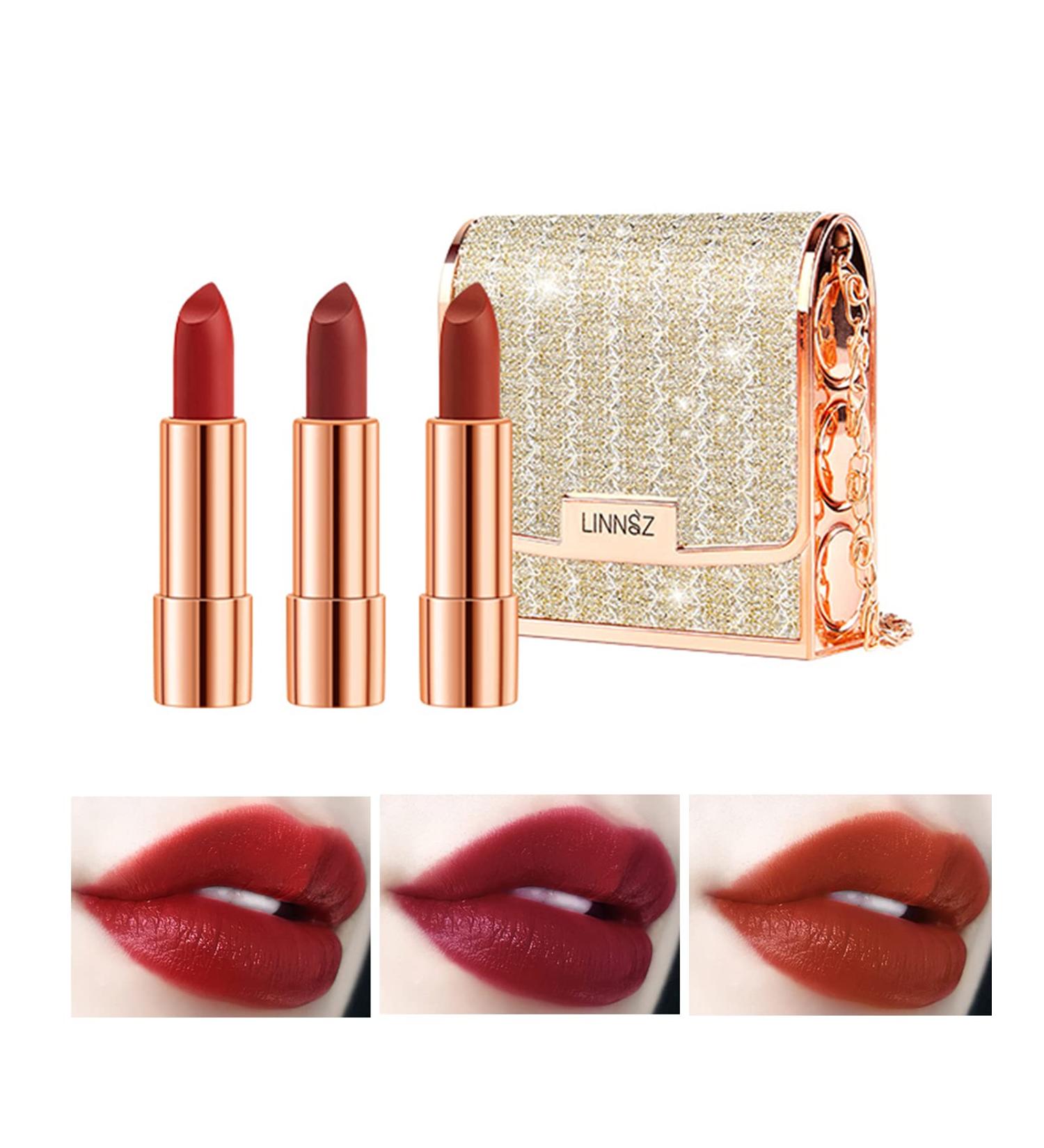 Gireatick Matte Lipstick Set - 3pcs Long Lasting Velvet Lipstick in Glamour Chain Bag | Non-Stick Cup Red Lipstick | Waterproof & Fade-Resistant | Color Sensational Lip Kit - Buy Online on SooperMarket.com