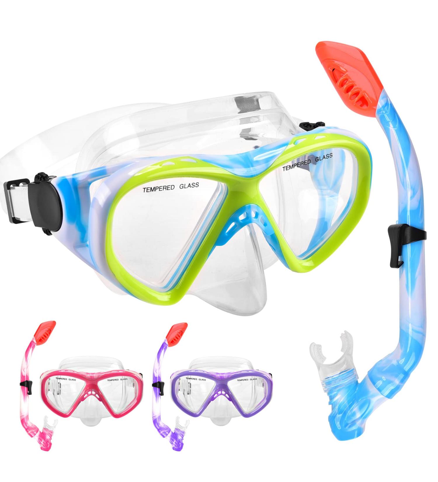 Kids Snorkel Set - Dry Top Snorkeling Gear for Youth Ages 5-15 | Tempered Glass Mask and Snorkel Set with 180 Panoramic View - Blue - Buy Online on SooperMarket.com