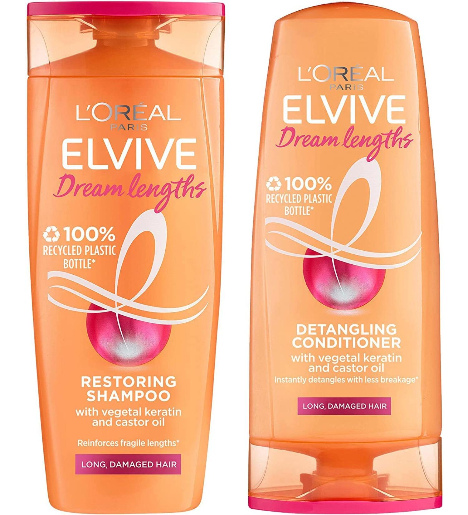 L'Oreal Paris Elvive Dream Lengths Shampoo and Conditioner Set - Nourishing Treatment with Castor Oil for Long Hair, Strengthens & Prevents Breakage - Buy Online on SooperMarket.com