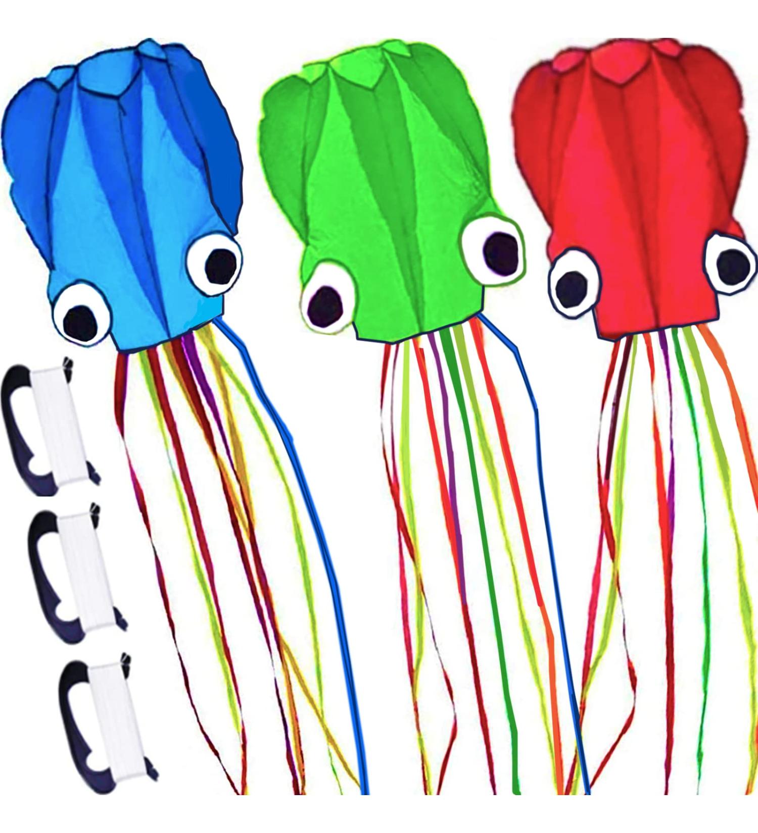 3 Pack Octopus Kite Set - Easy Flyer Beach Kites for Kids & Adults - Blue/Green/Red - 100M Kite String Included - Buy Online on SooperMarket.com