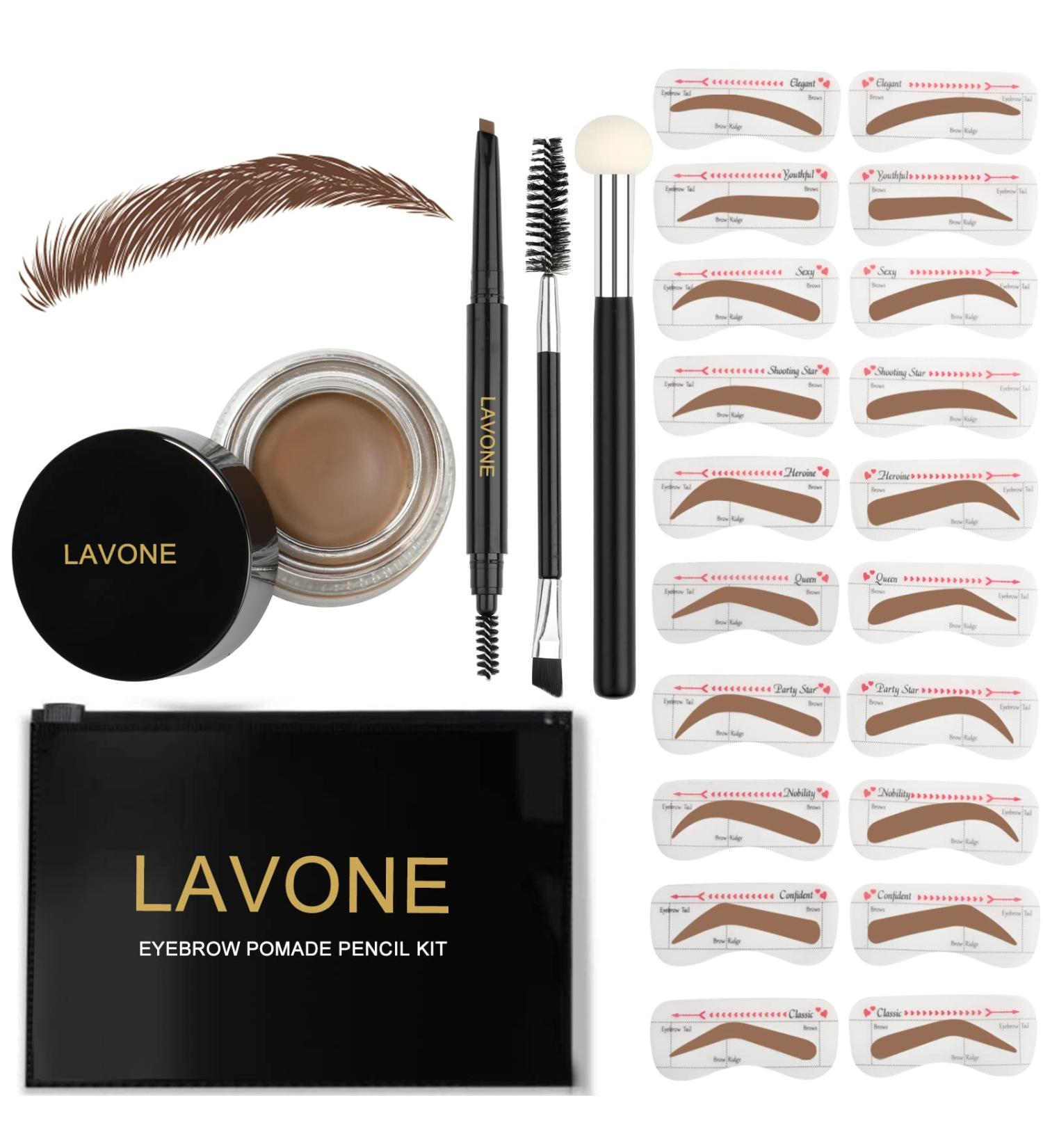 Eyebrow Stamp Stencil Kit with Waterproof Pencil, Pomade, 20 Stencils, and Dual-ended Brush - Soft Brown - Buy Online on SooperMarket.com