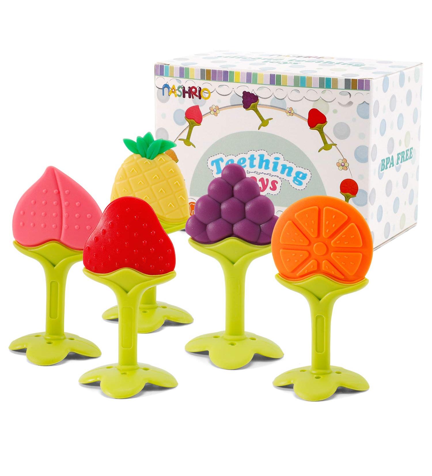 NASHRIO Baby Teething Toys Pack of 5 - BPA Free Silicone Teethers for Newborns - Natural, Organic, and Freezer Safe - Perfect Baby Shower Gift - Buy Online on SooperMarket.com