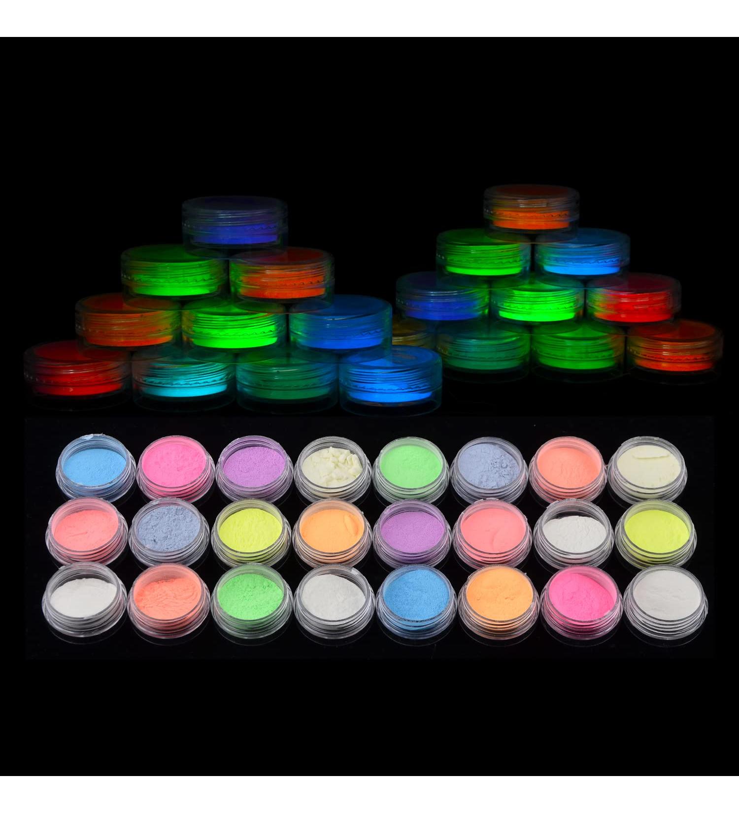24 Pack Glow in The Dark Pigment Powder - Luminous Neon Colors for DIY Nail Art, Slime, Resin, Acrylic Paint - Non-Toxic Fluorescent UV Powder - Buy Online on SooperMarket.com