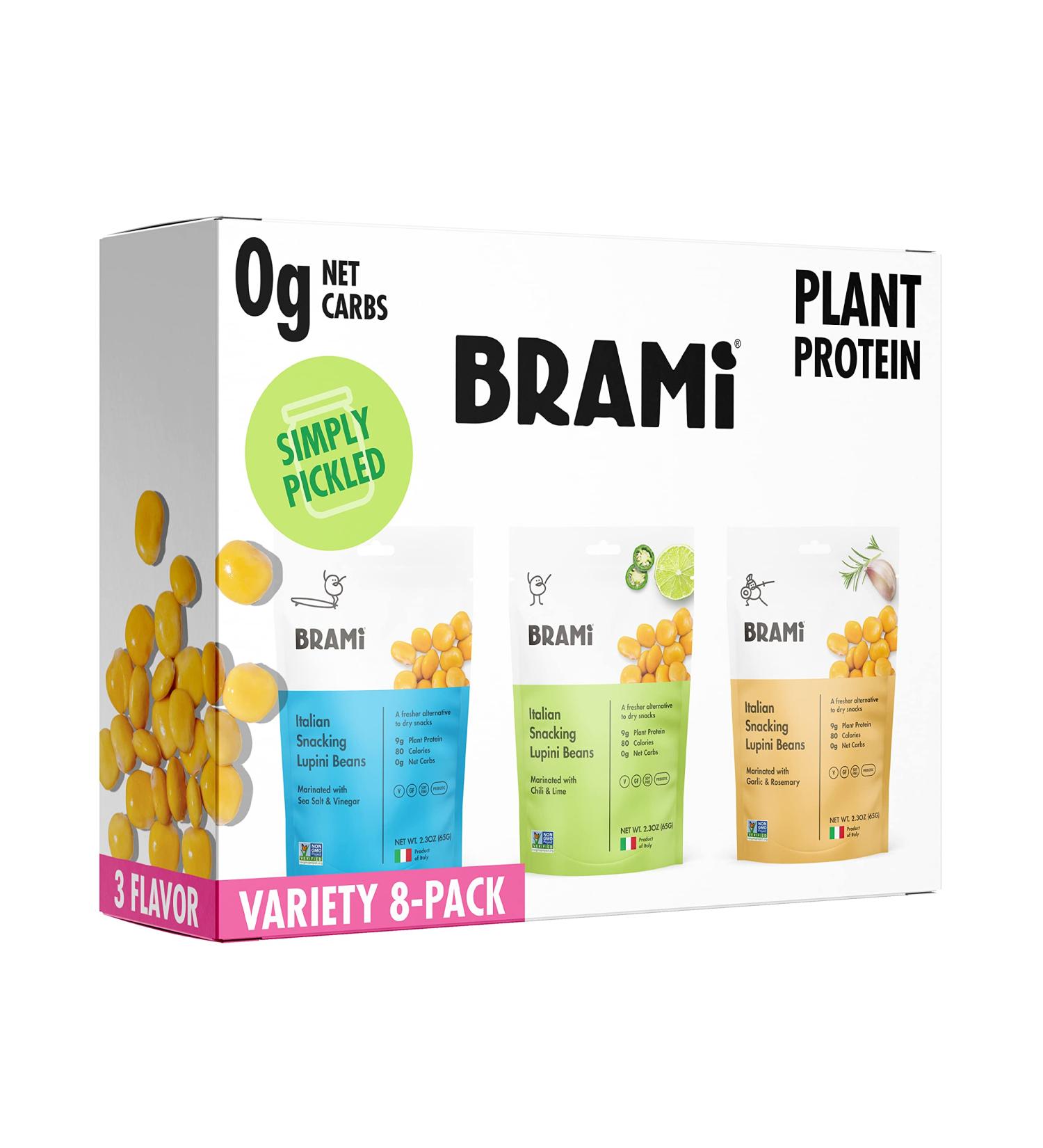 BRAMI Simply Pickled Lupini Beans Snack | 9g Plant Protein, 0g Net Carbs | Vegan, Vegetarian, Keto | Mediterranean Diet Friendly | Non Perishable | 2.3 oz (Variety) - Buy Online on SooperMarket.com