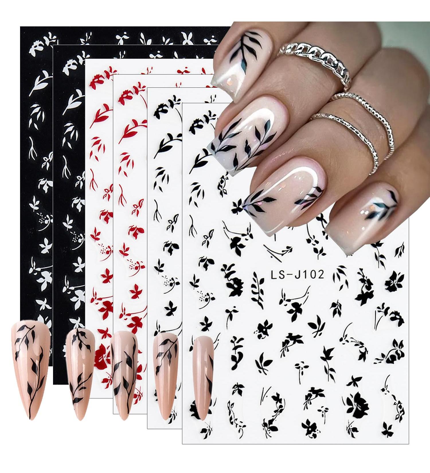 6 Sheets 3D Flower Nail Art Stickers - Self-Adhesive Leaf & Floral Designs for DIY Manicure - Red White Black Nail Decals for Women - Buy Online on SooperMarket.com