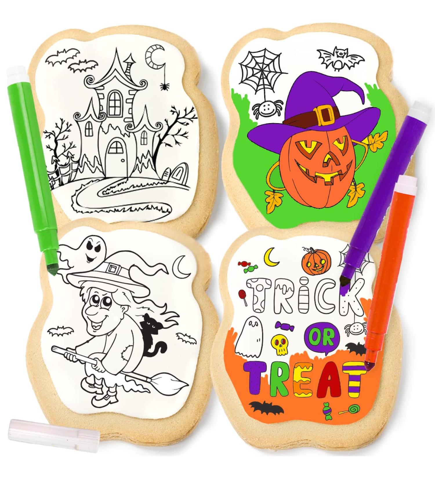 Halloween Cookies Decorating Kit for Kids | 4 Jumbo Cookies + 3 Edible Markers | Pumpkin Witch Ghost Theme | Individually Wrapped | Fun Holiday Activity - Buy Online on SooperMarket.com