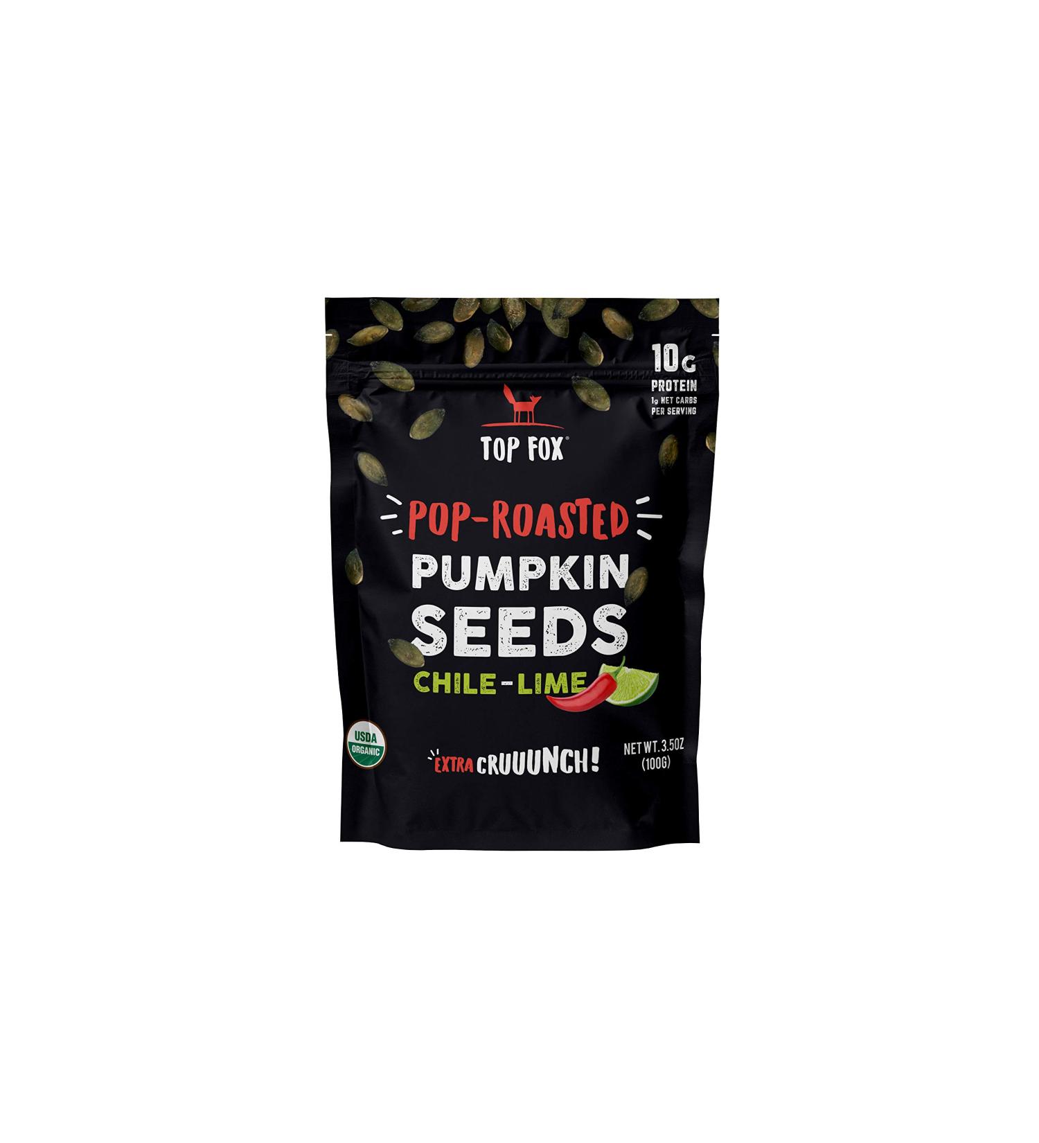 Top Fox Organic Pumpkin Seeds | Keto & Vegan Friendly Chile Lime Snacks | Gluten Free, 3.5 oz Pack (6) - Buy Online on SooperMarket.com