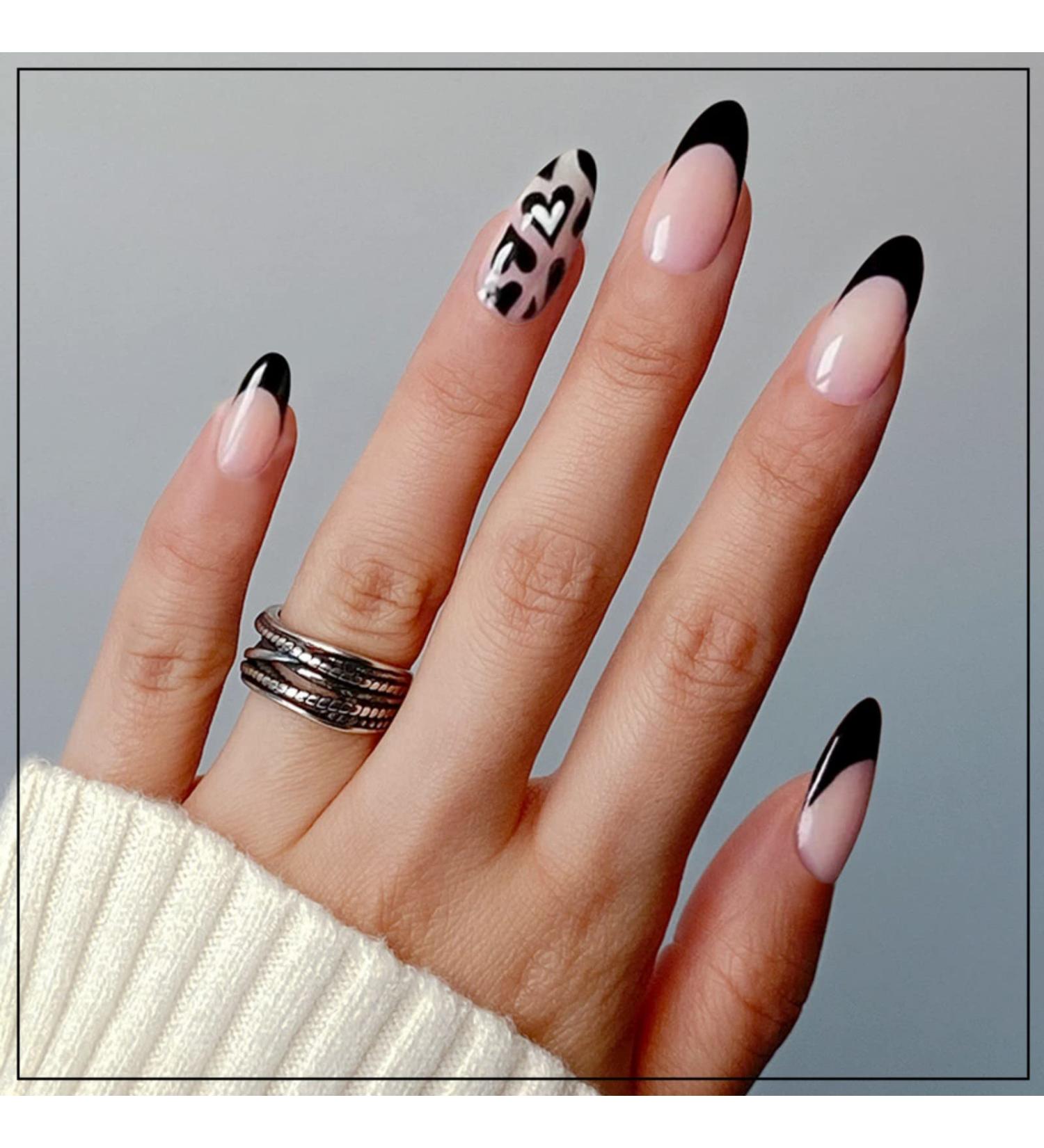 Justotry 24 Pcs Almond Short False Nails - Heart Black French Press On Nails | Trendy Fake Nails with Nail Glue | Oval Medium Stick On Nails for Women | Nail Art Design - Buy Online on SooperMarket.com