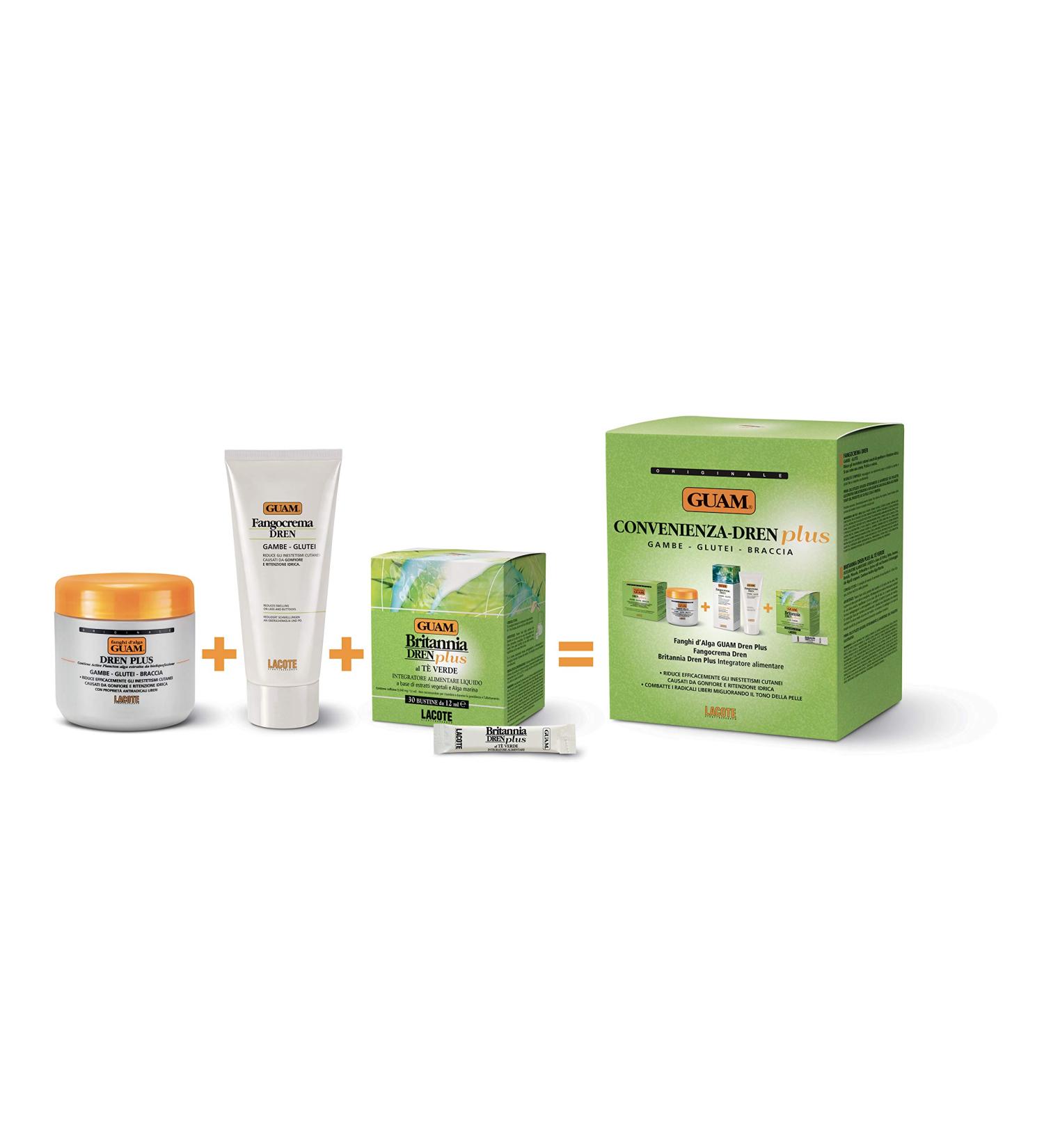 Guam Algenfango Guam Dren Plus Convenience Set Treatment with Algae fango Guam Dren Plus 500 g + Mud Cream Dren 200 ml + 30 Sachets Britannia Dren Plus Dietary Supplement Made in Italy