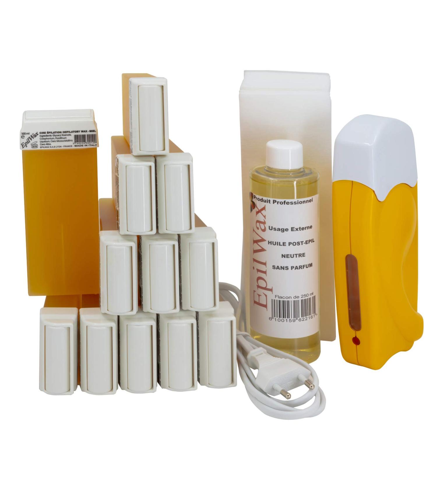 EpilWax Complete Hair Removal Waxing Kit - with 12 Honey Wax Roll-on Cartridges Roll On Wax Heater 100 Strips and Waxing Oil Honey 1 count (Pack of 1) - Buy Online on SooperMarket.com
