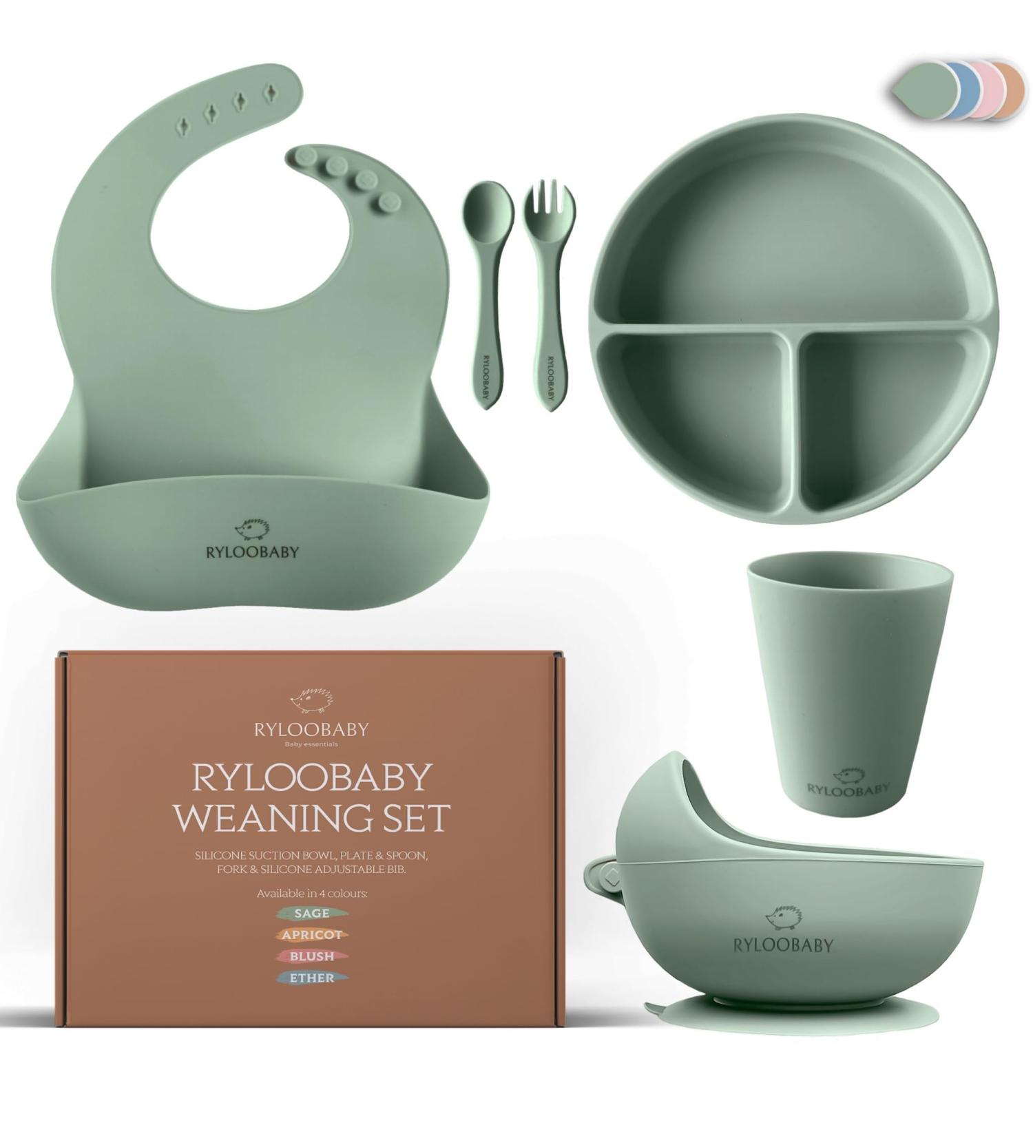 RYLOOBABY 6-Piece Baby Feeding Set with Suction Plate, Bib, Cup, Spoon & Fork - Sage | Non-BPA Food Grade Silicone - Buy Online on SooperMarket.com