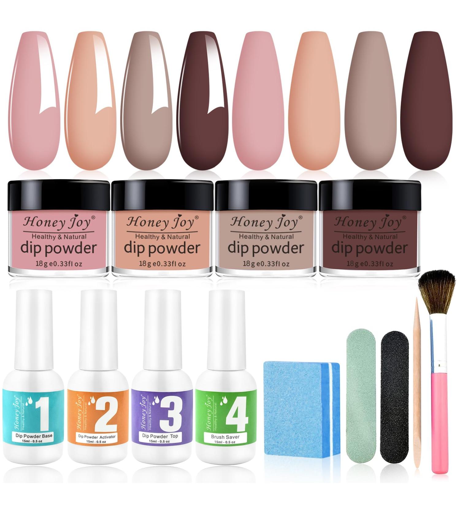 Dip Powder Nail Kit - 4 Colors Nude Pink Brown Starter Set | Acrylic Dipping System with 4 Powder & 4 Liquid 15ml Bottles - Buy Online on SooperMarket.com