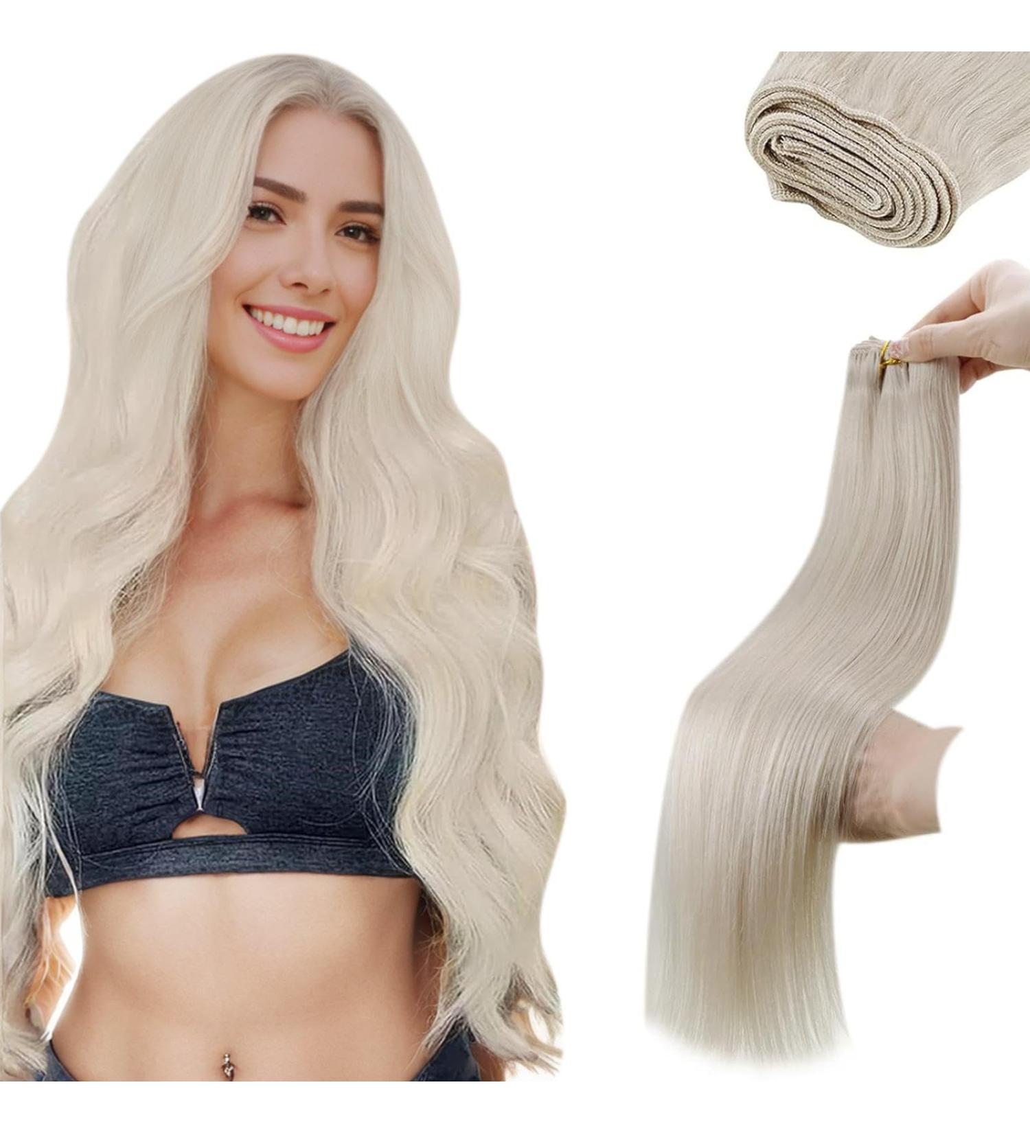 LAAVOO Real Hair Extensions - 100g Remy Weft Hair Tresses in Platinum Blonde #60 - 40cm Length - Buy Online on SooperMarket.com