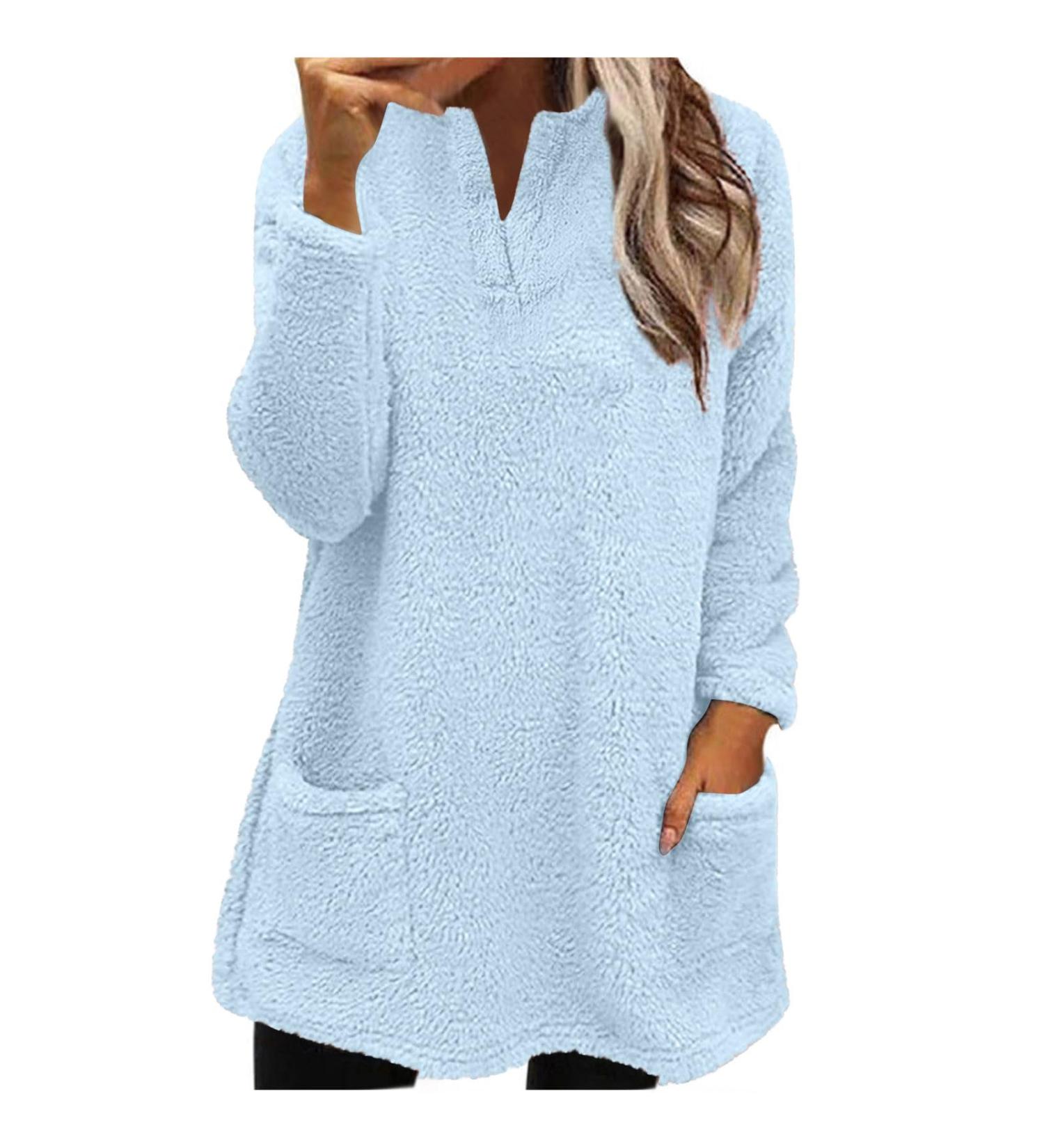 AMhomely Women's Plus Size Double Fleece Hoodie with Pocket - Soft Teddy Fleece Pullover - V Neck Sweatshirt for Winter - Lounge Top - Blue - Size M - Buy Online on SooperMarket.com