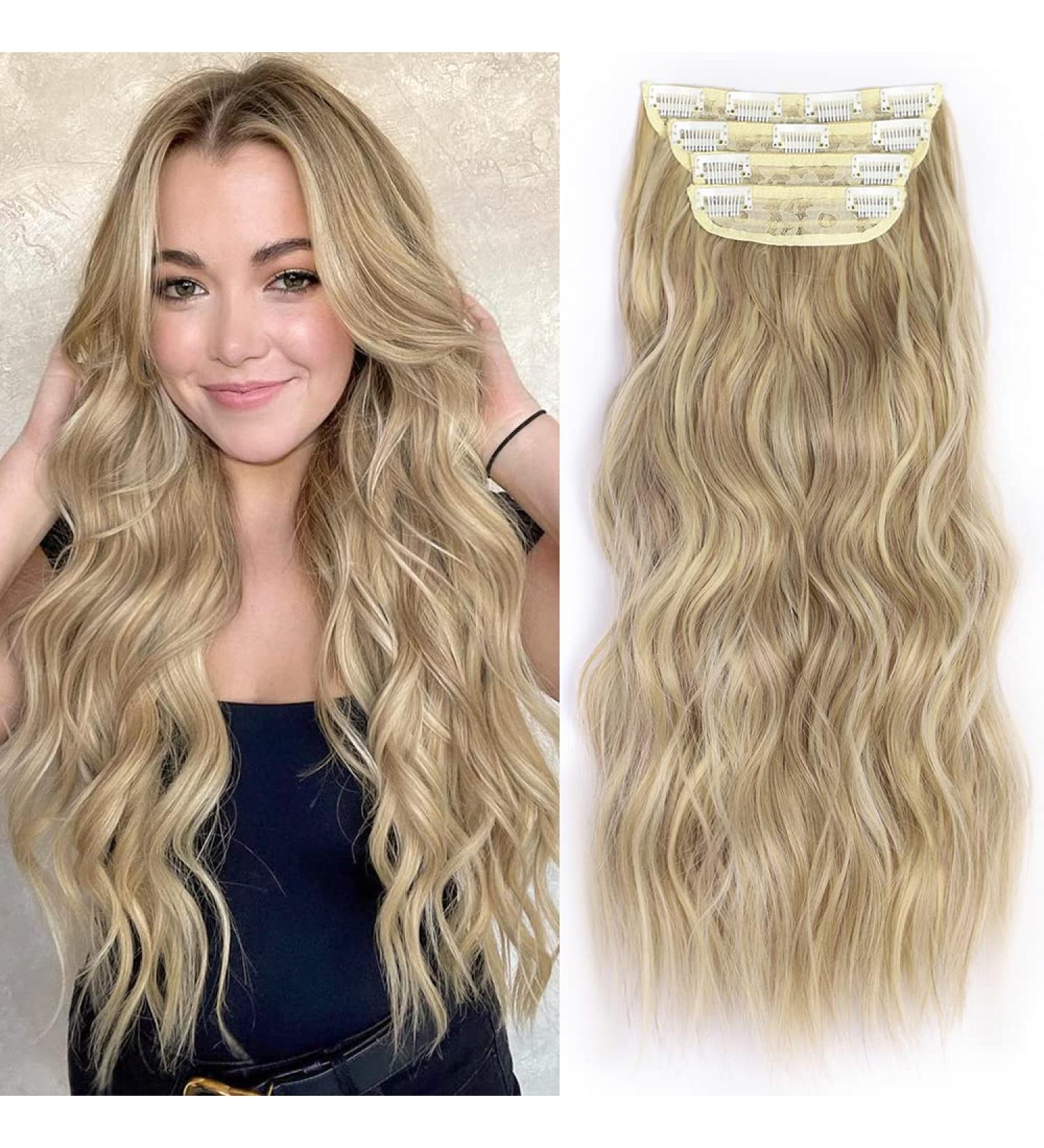 ALXNAN Clip in Long Wavy Synthetic Hair Extension 20 Inch Dirty Blonde - 4PCS Thick Double Weft Hairpieces for Women - Buy Online on SooperMarket.com